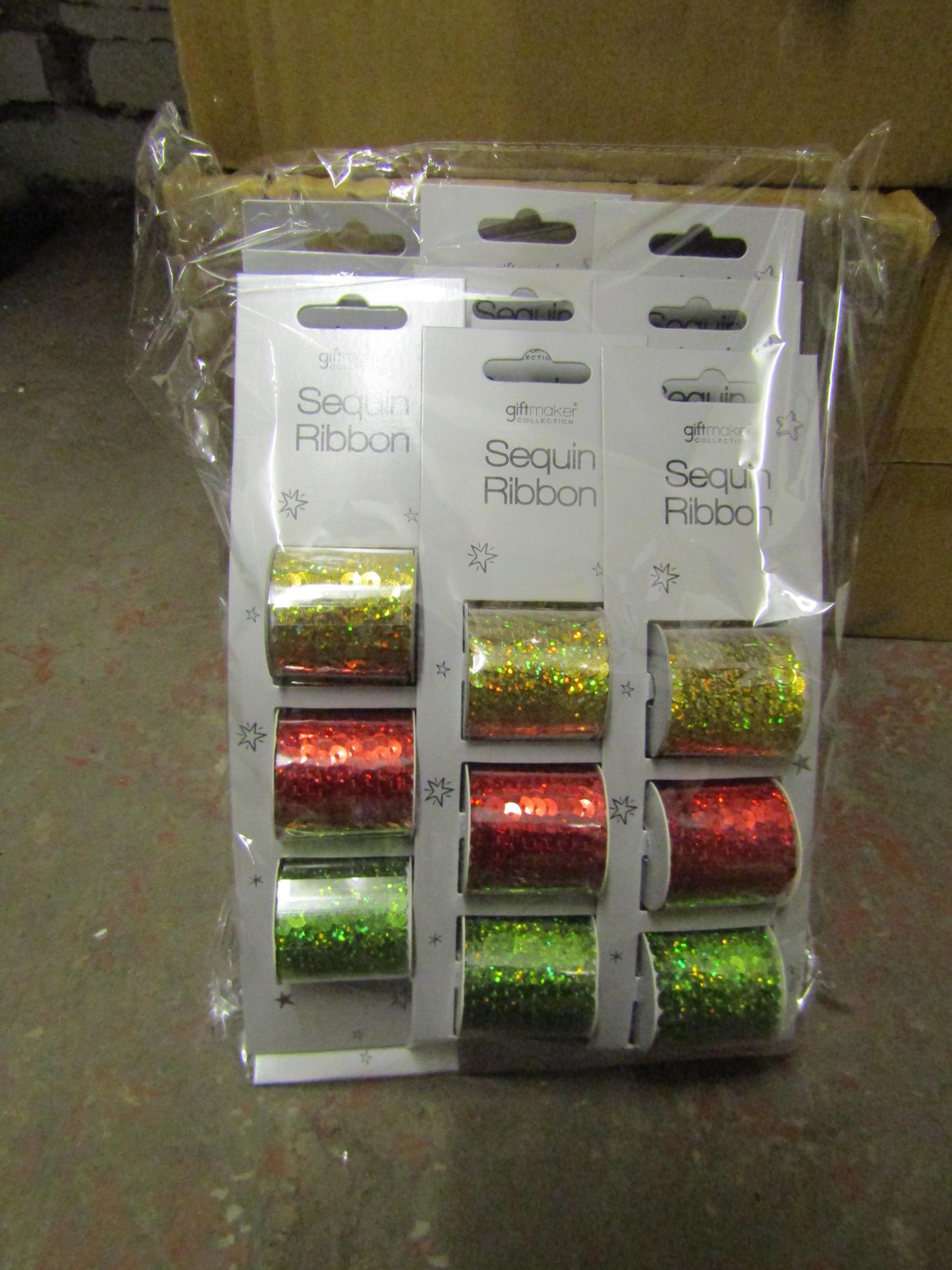 Box Of 24x Giftmaker Sequin Reels,2m, Red, Gold, Green, Unchecked & Packaged.