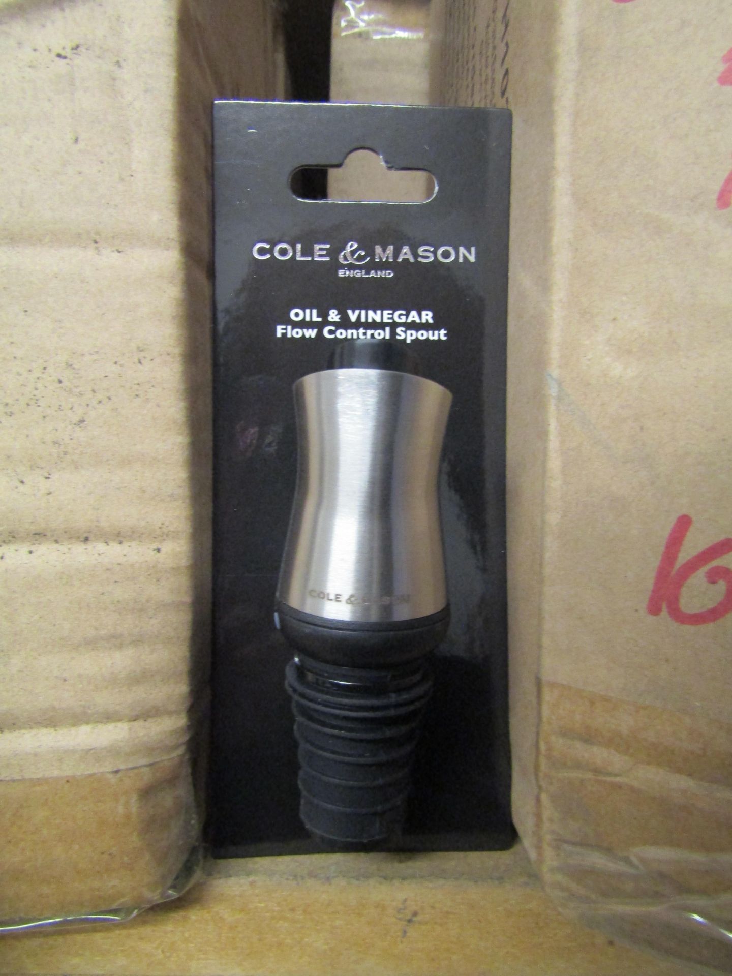 1x Box Containing 16 Cole & Mason Oil & Vinegar Flow Control Spouts, New & Packaged.