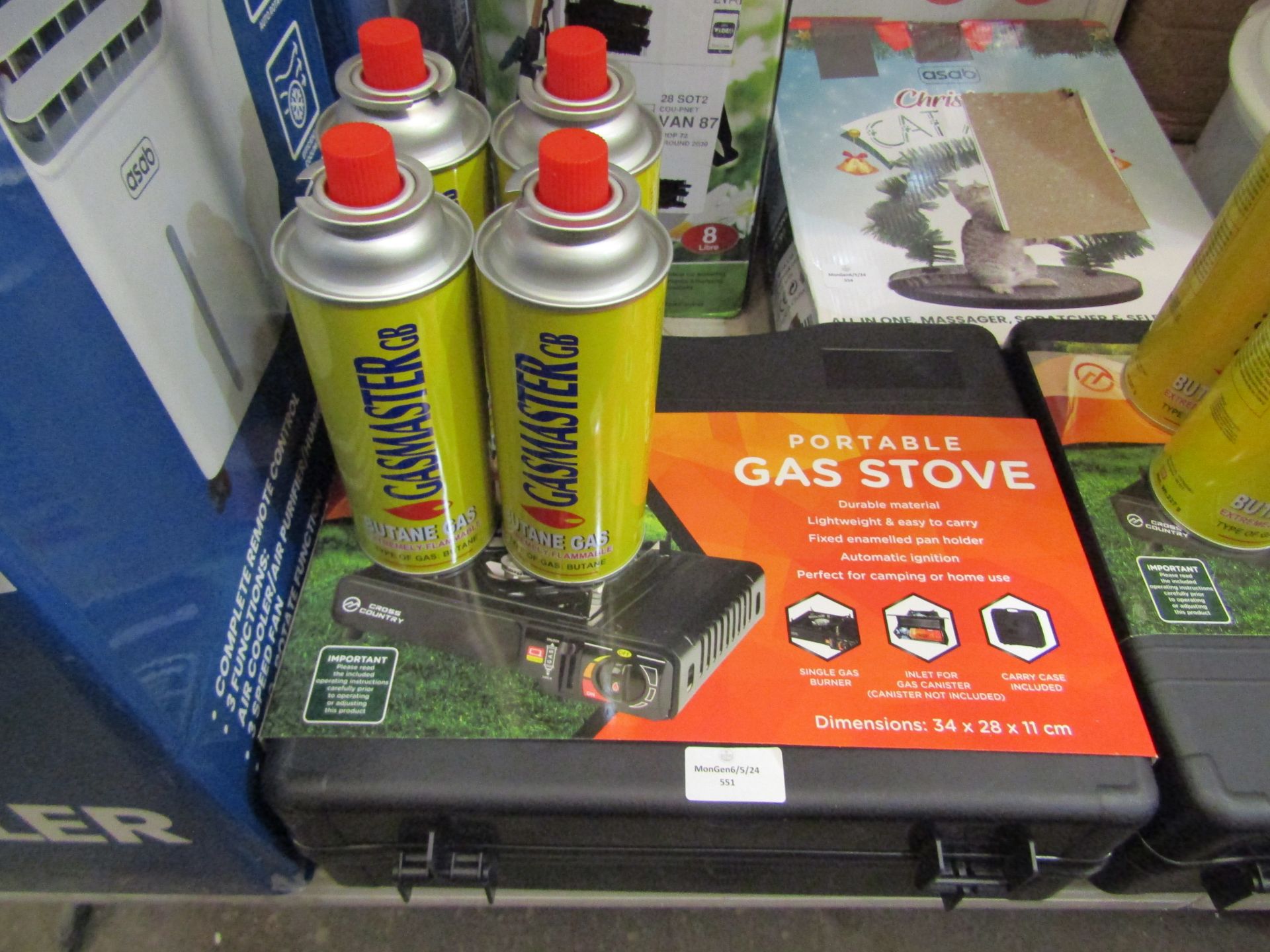 Portable Gas Stove With 4 Tins Of Butane Gas, Unchecked.