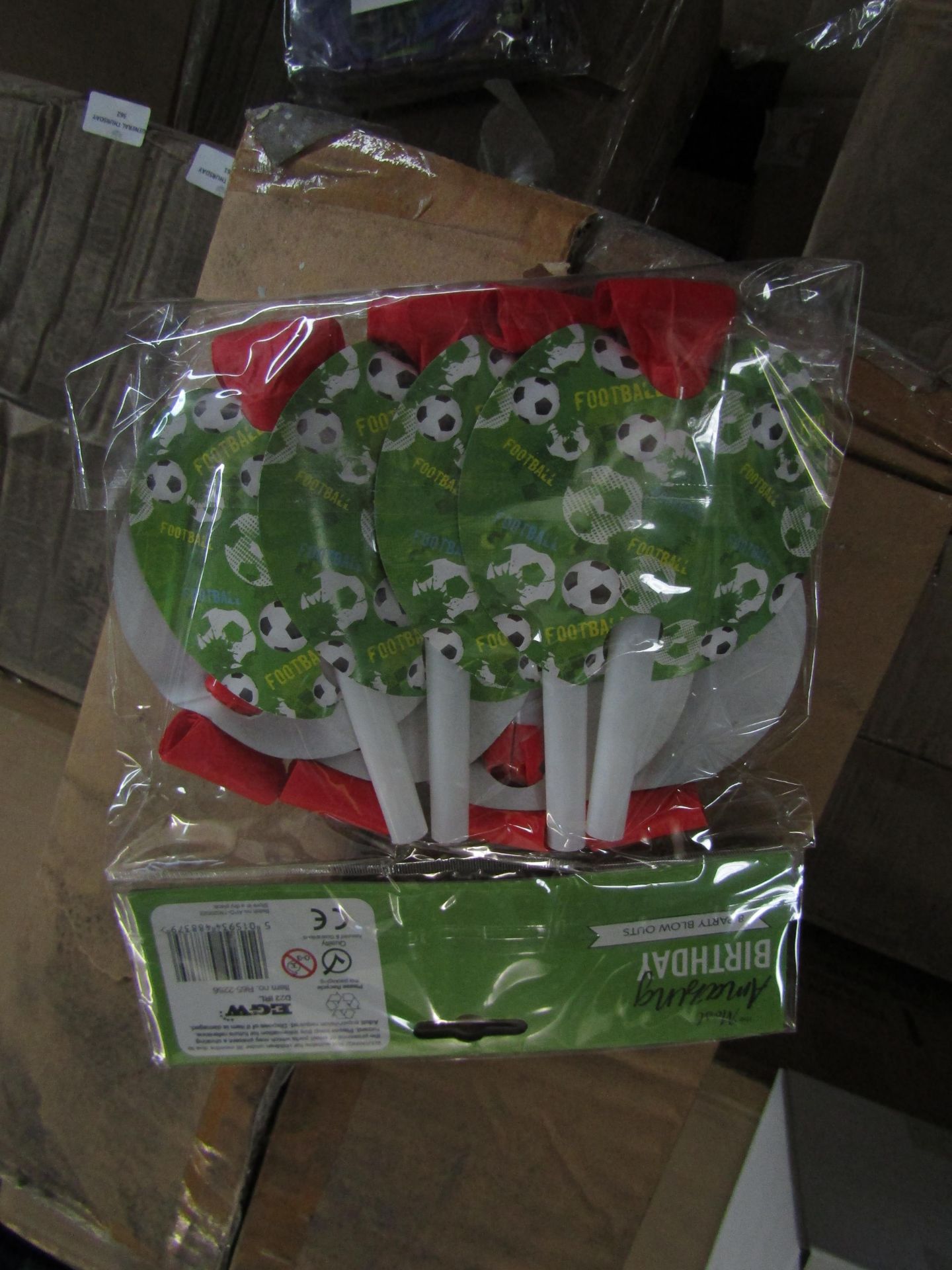 24x packs of 8 football themed party blowers, unused