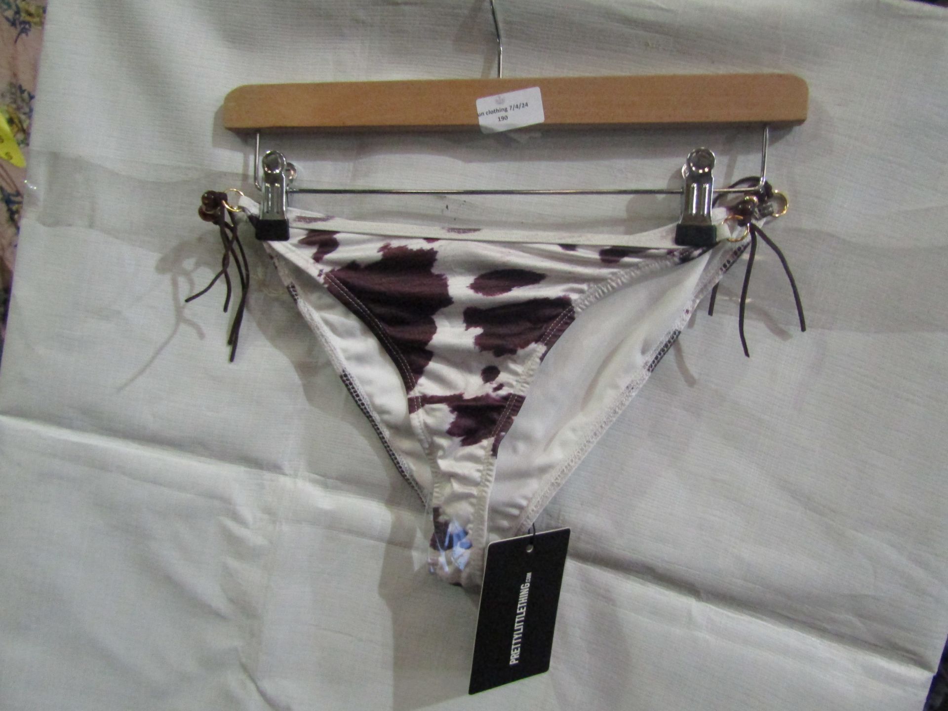 5x Pretty Little Thing Brown Cow Print Beaded Tie Bikini Bottoms - Size 8, New & Packaged.