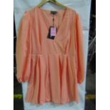 2x Pretty Little Thing Peach Linen Mix Pleated Detail Skater Dress - Size 16, New & Packaged.