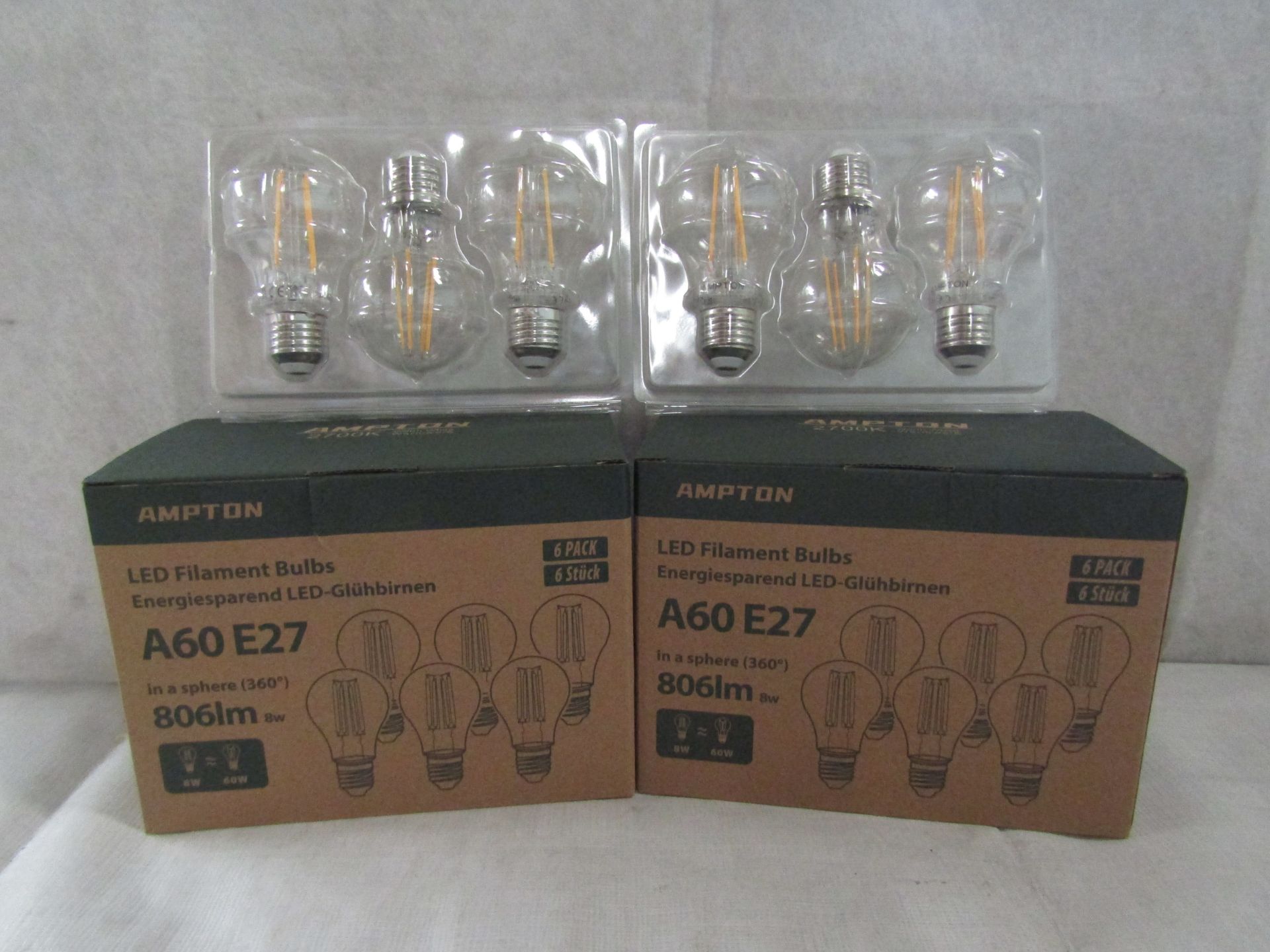 2X AMPTON - A60 E27 806 Lumen LED Filament Light Bulbs - Pack of 6 - New & Boxed.