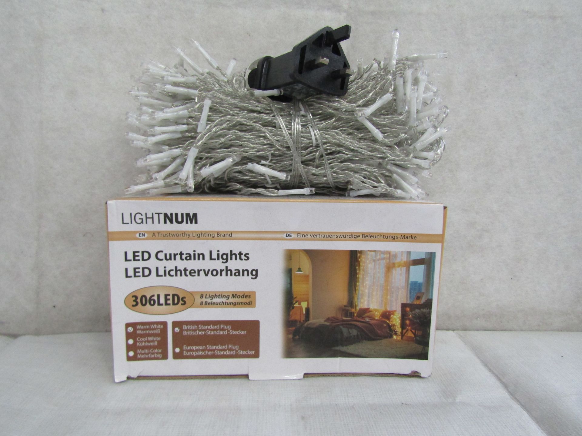 10X LIGHTNUM - 306 LED Curtain Lights / Warm White / 8 Lighting Modes / 3M x 3M - Boxed.