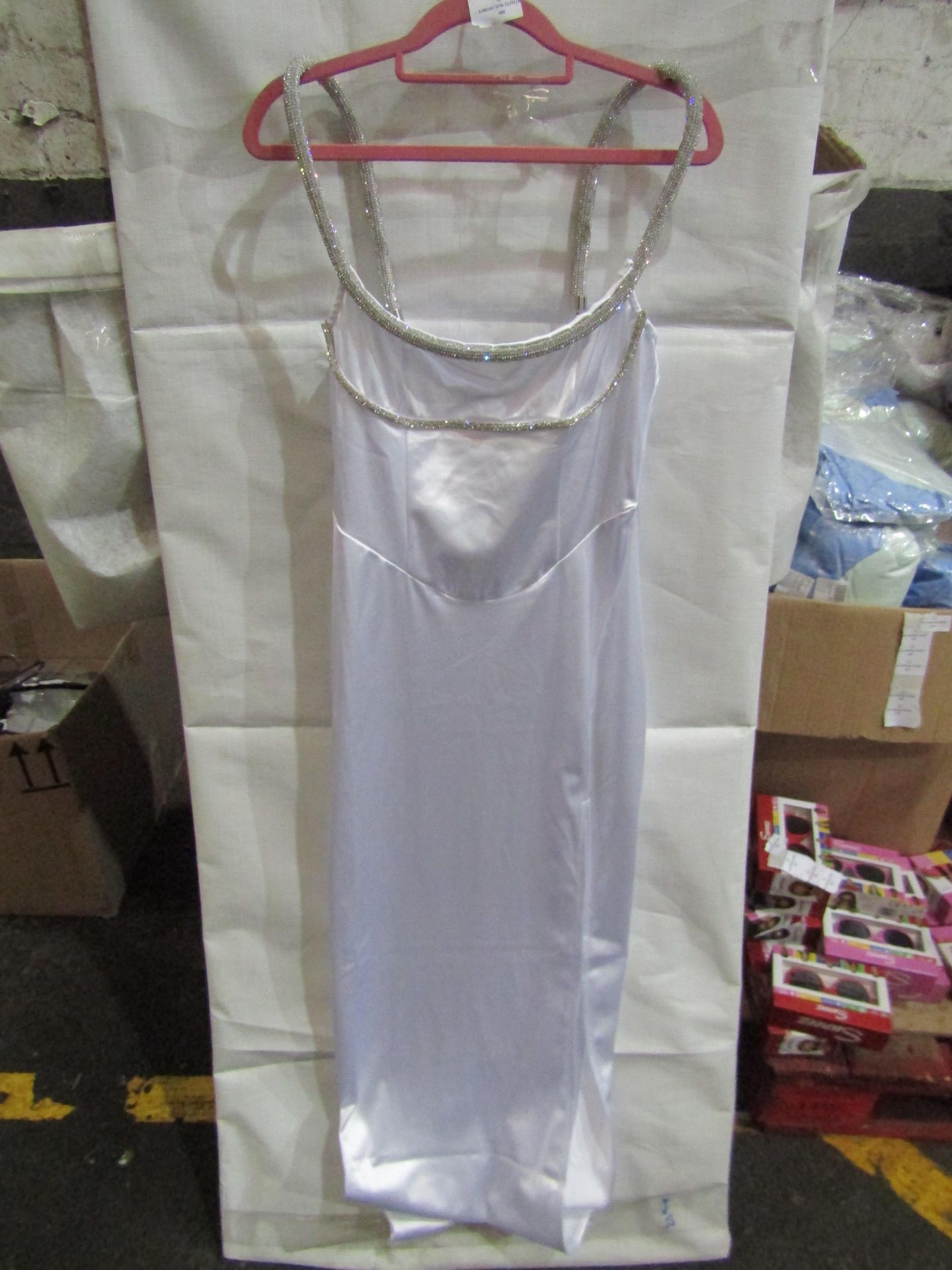 3x Pretty Little Thing Silver Diamante Strap Detail Satin Slit Maxi Dress, Size 6, New & Packaged.