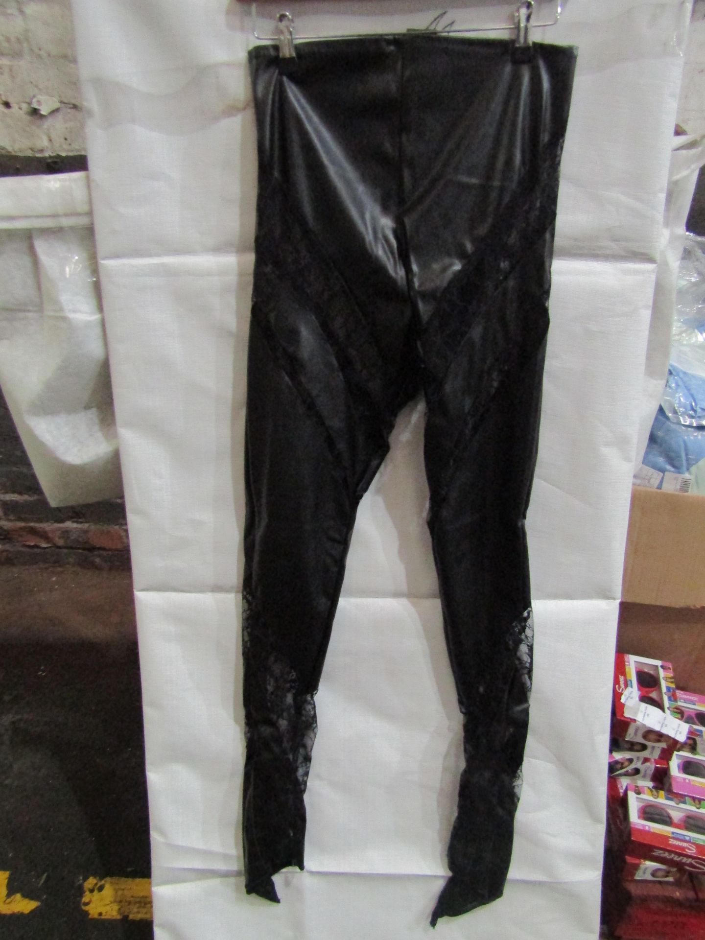 5x Pretty Little Thing Shape Black Faux Leather Lace Insert Leggings, Size 10, New & Packaged.