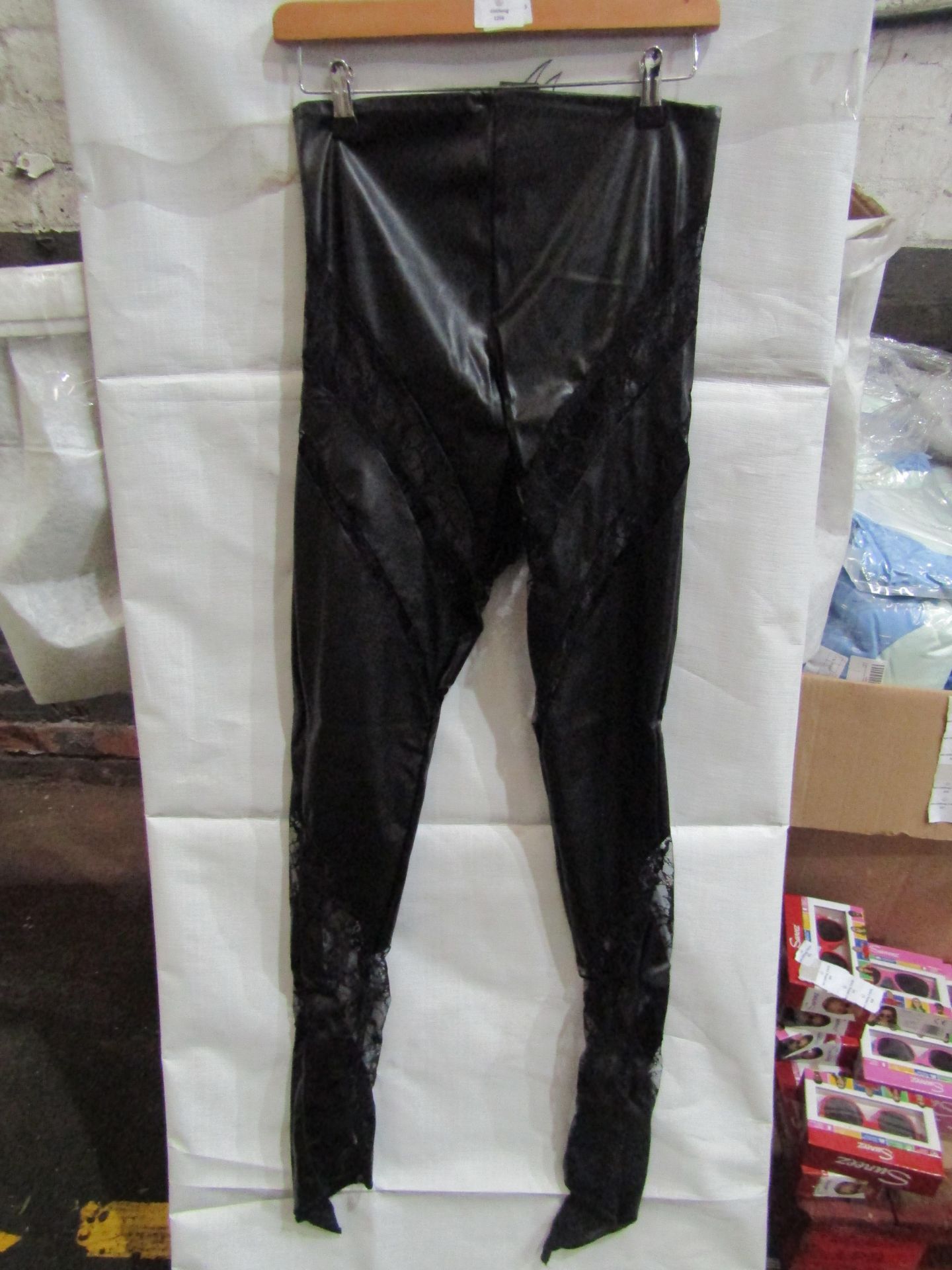 5x Pretty Little Thing Shape Black Faux Leather Lace Insert Leggings, Size 12, New & Packaged.