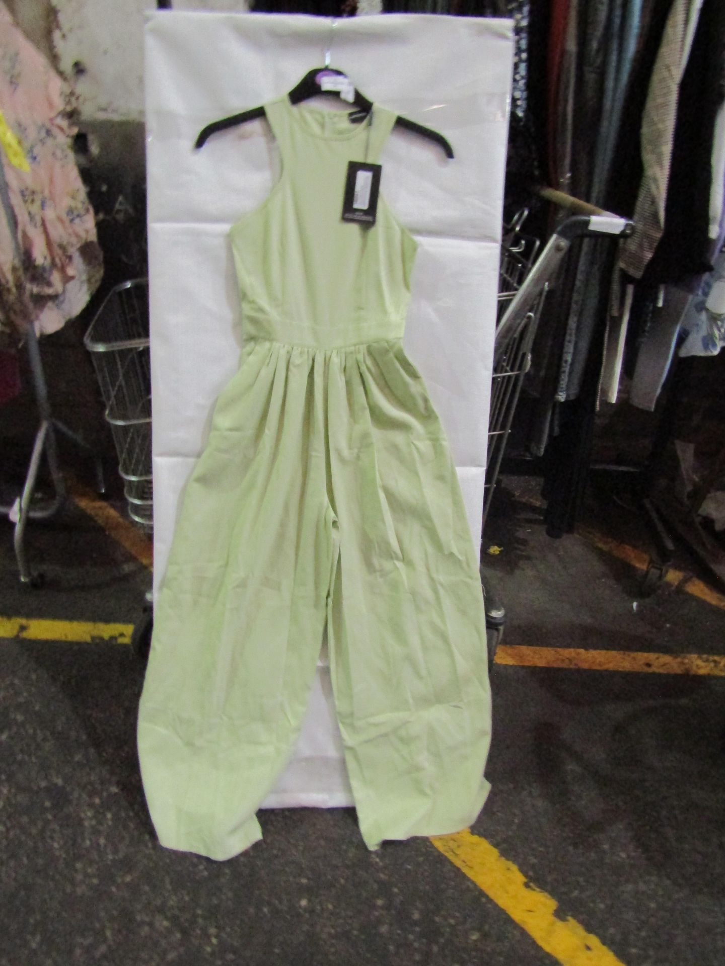 4x Pretty Little Thing Petite Sage Green Racer Neck Linen Look Wide Leg Jumpsuit- Size 6, New &