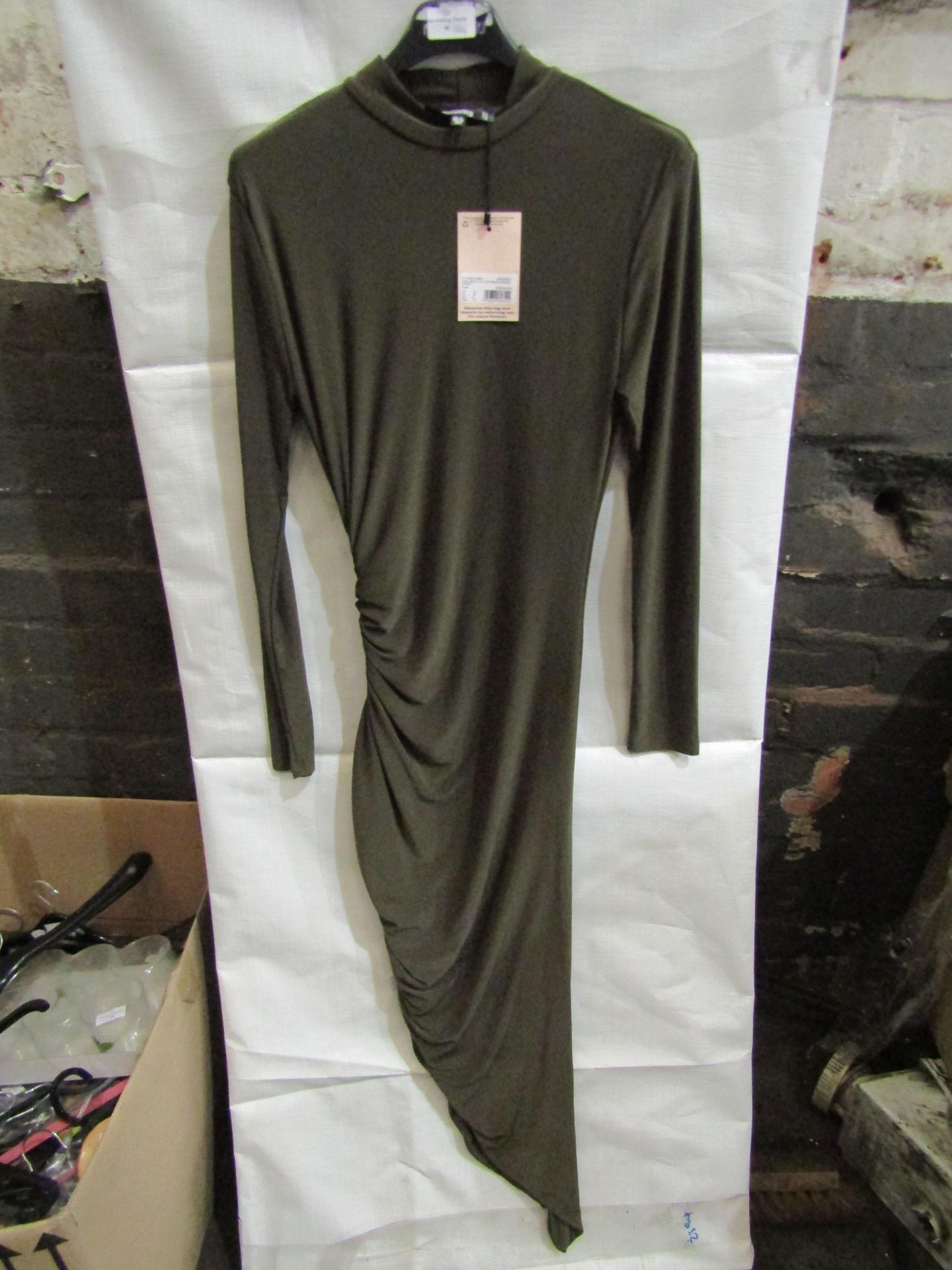 2x Missguided High Neck Cut Out Midaxi Dress Slinky Khaki, Size: 8 - New & Packaged.