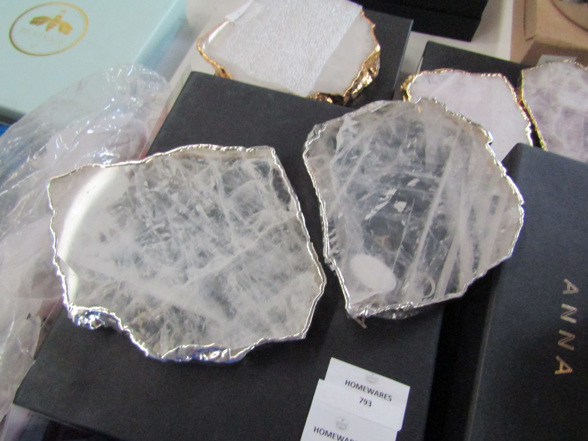 Anna Ny By Rablabs Pair Of Agate Gemstone Coasters Approx. D17cm Kivita Crystal And Silver RRP