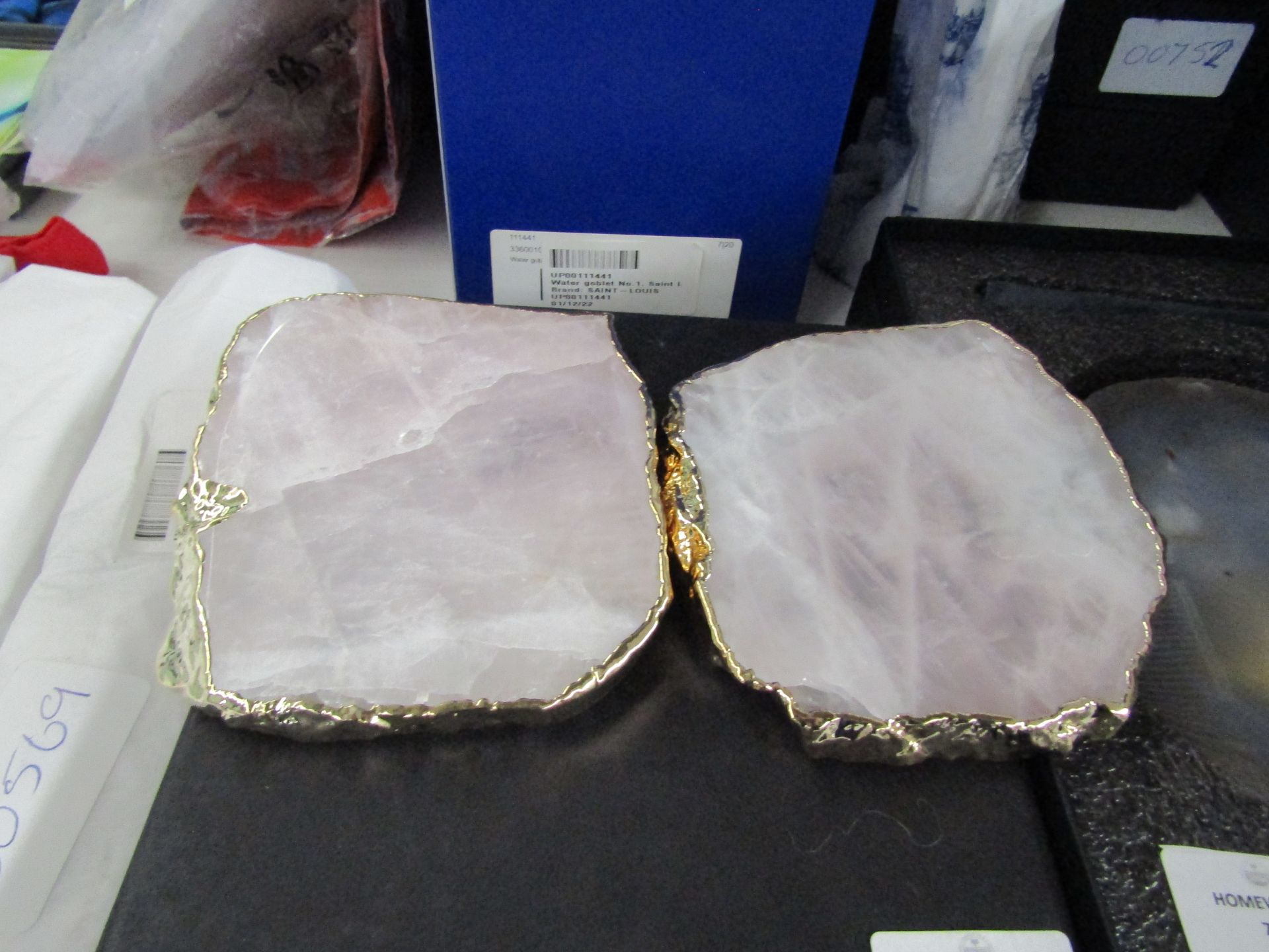 Anna Ny By Rablabs Pair Of Agate Gemstone Coasters Approx. D11.5cm Kivita Rose Quartz And Gold RRP