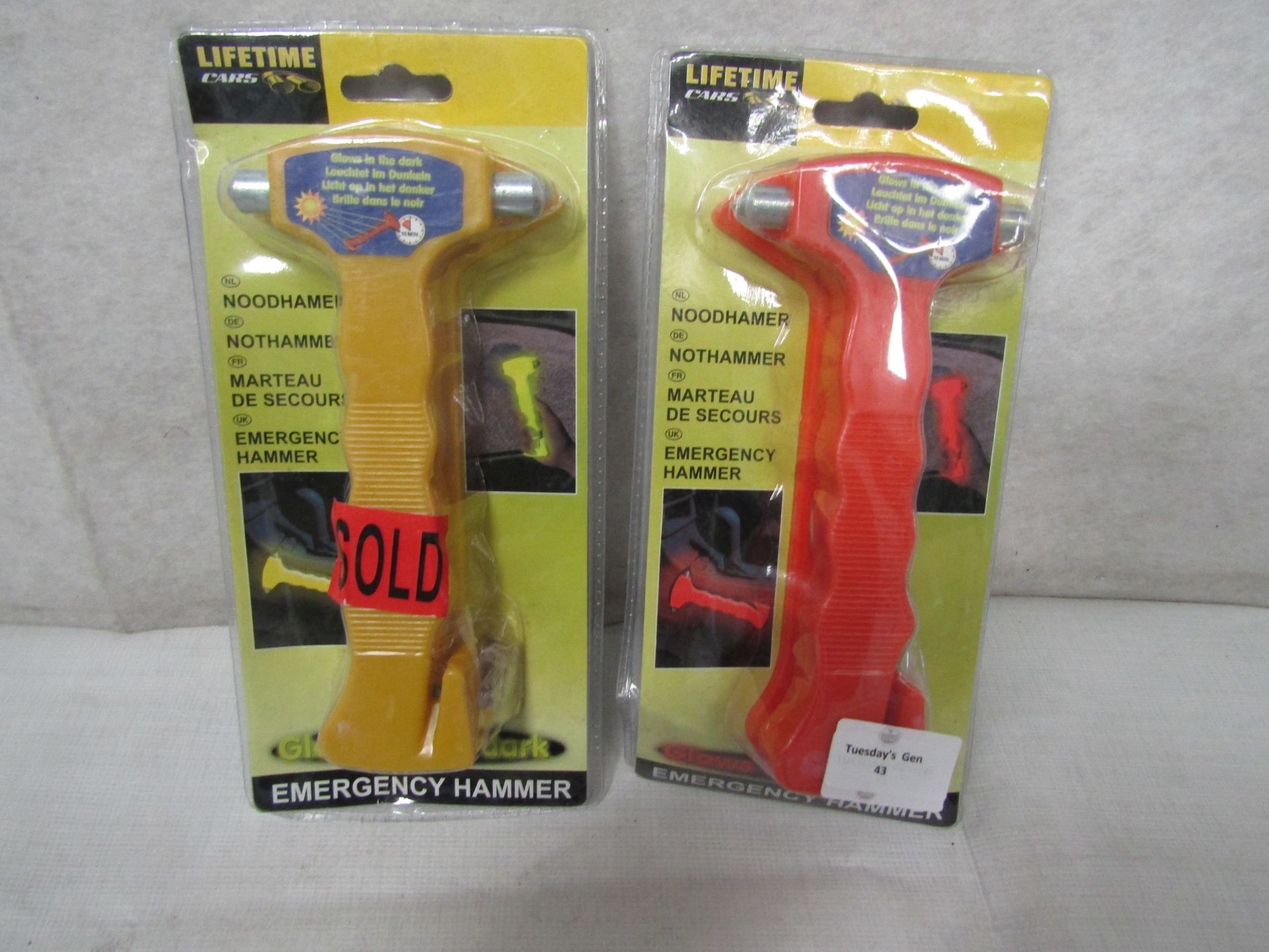 2X Lifetime Cars - Glow In The Dark Emergency Hammer ( 1X RED 1X YELLOW ) - Packaged.