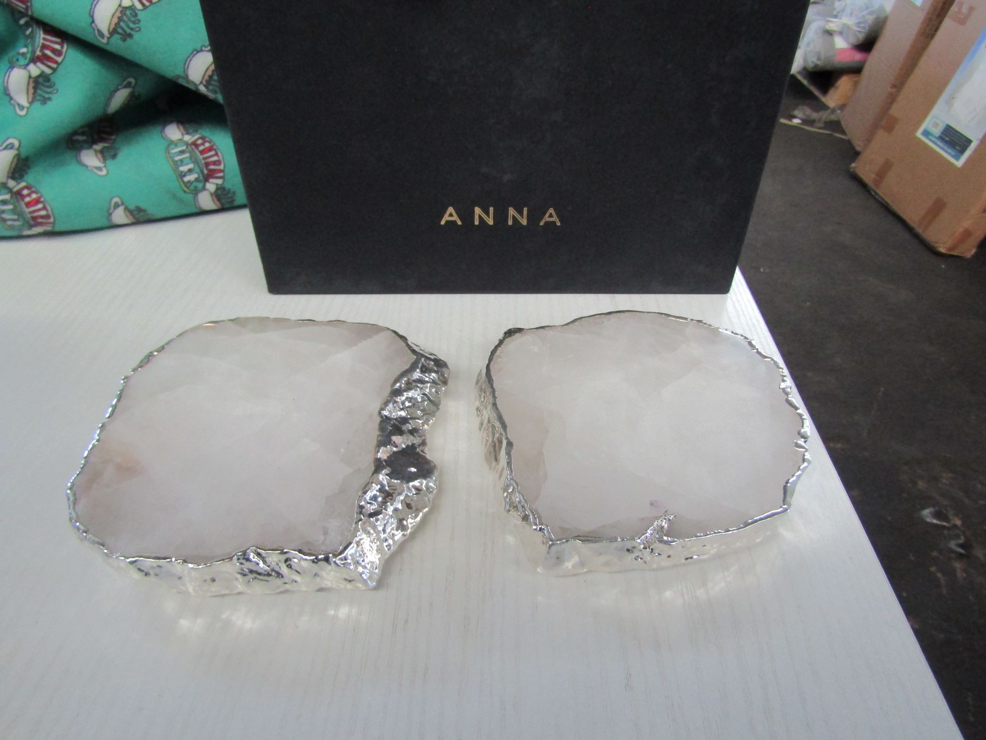 Anna Ny By Rablabs Pair Of Agate Gemstone Coasters Approx. D17cm Kivita Crystal And Silver RRP
