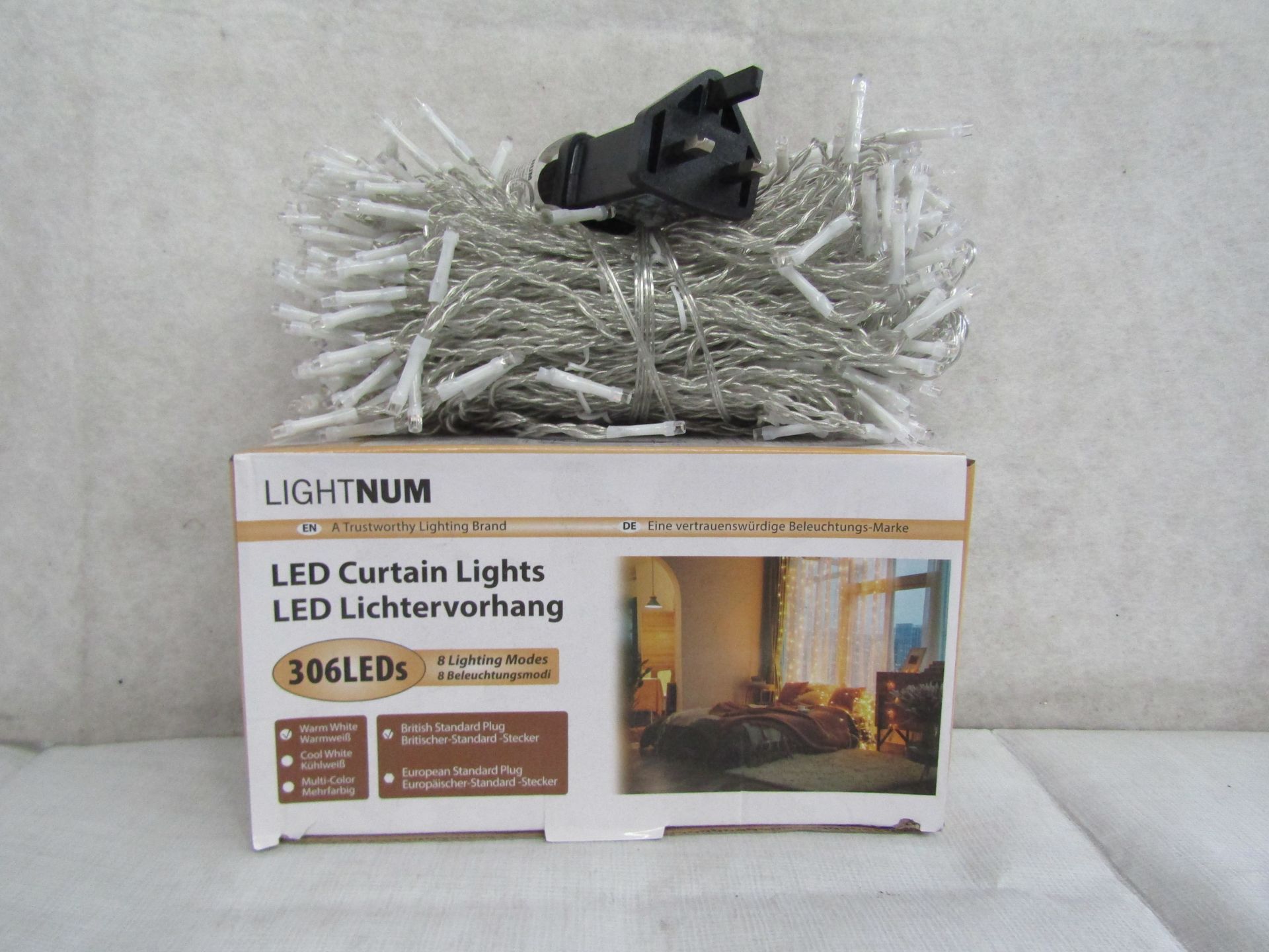 2X LIGHTNUM - 306 LED Curtain Lights / Warm White / 8 Lighting Modes / 3M x 3M - Boxed.