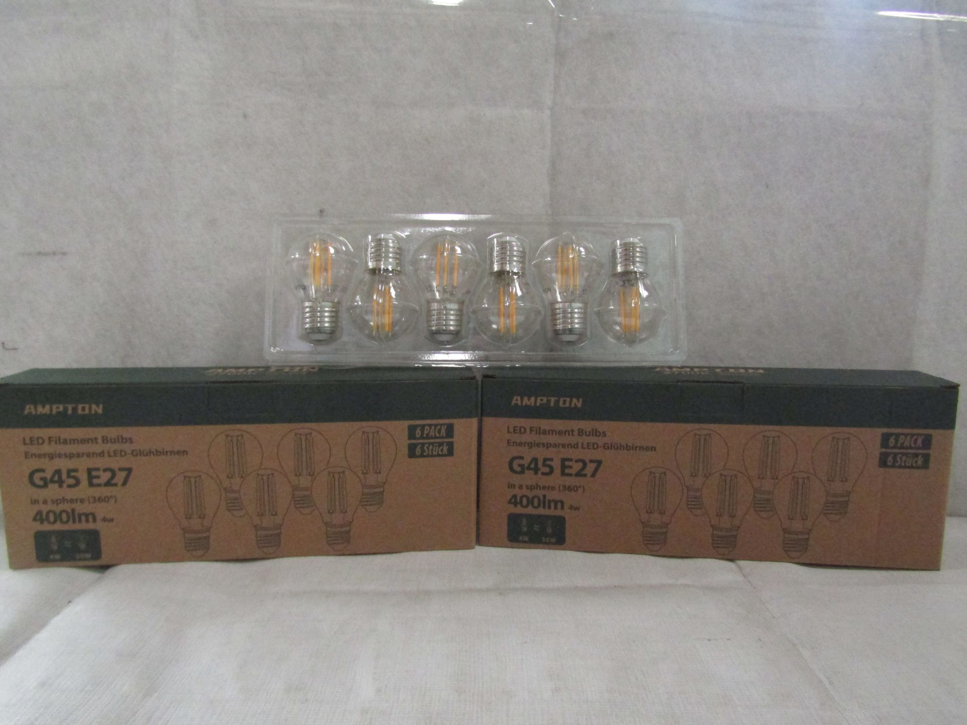 2X AMPTON - G45 E27 400 Lumen LED Filament Light Bulbs - Pack of 6 - New & Boxed.