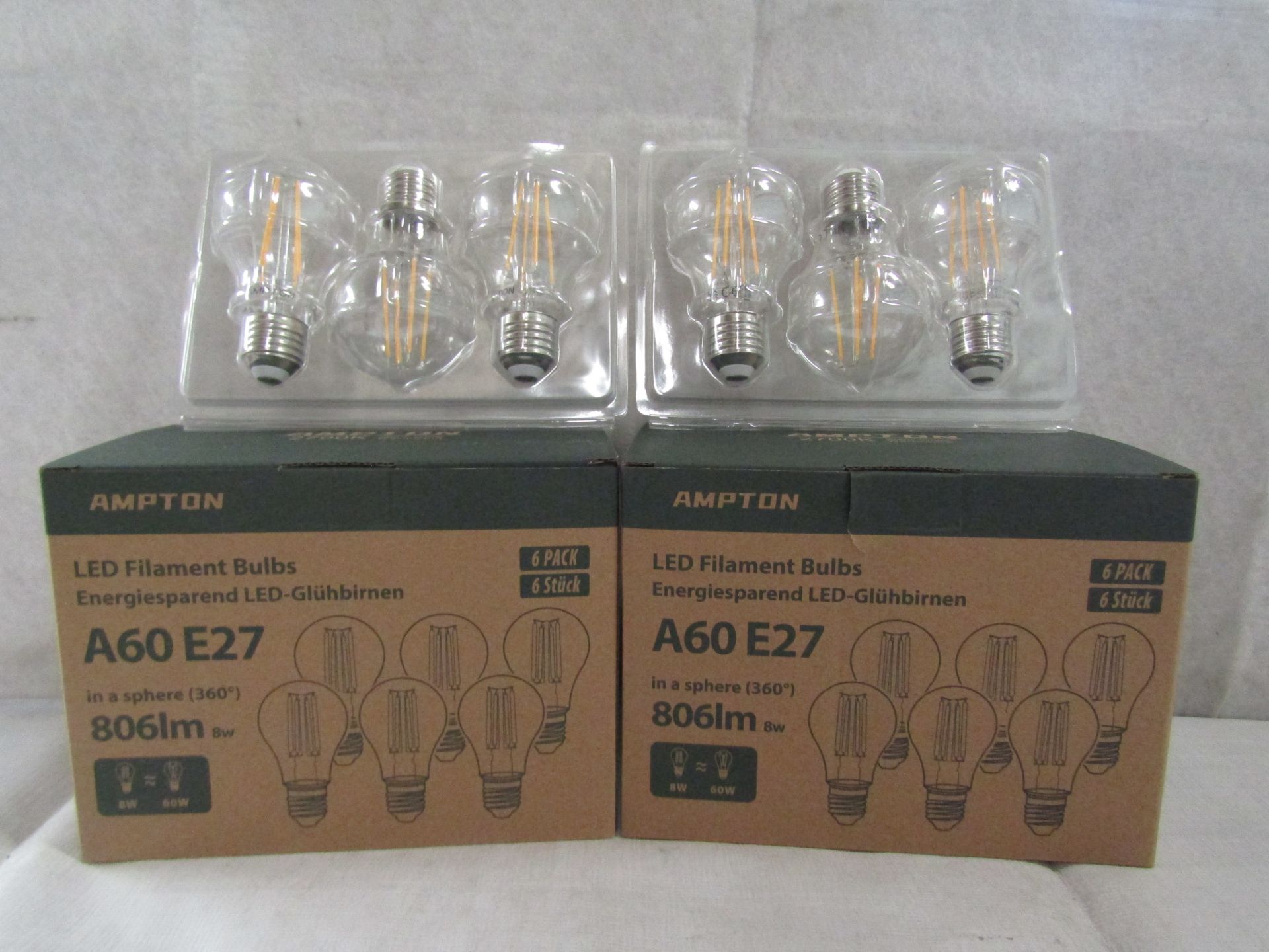 10X AMPTON - A60 E27 806 Lumen LED Filament Light Bulbs - Pack of 6 - New & Boxed.