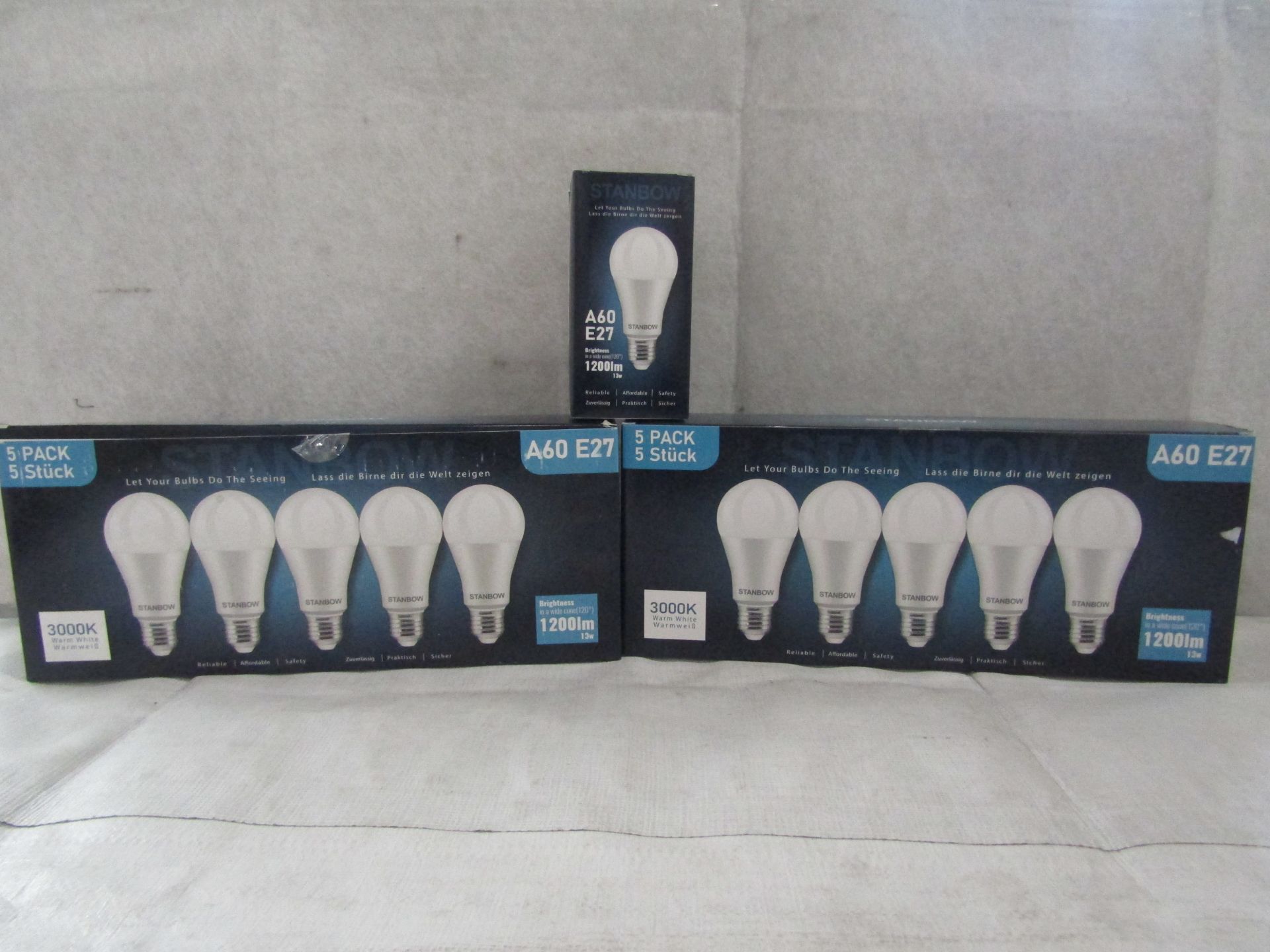 2X STANBOW - A60 E27 1200 Lumen LED Light Bulbs - Pack of 5 - New & Boxed.