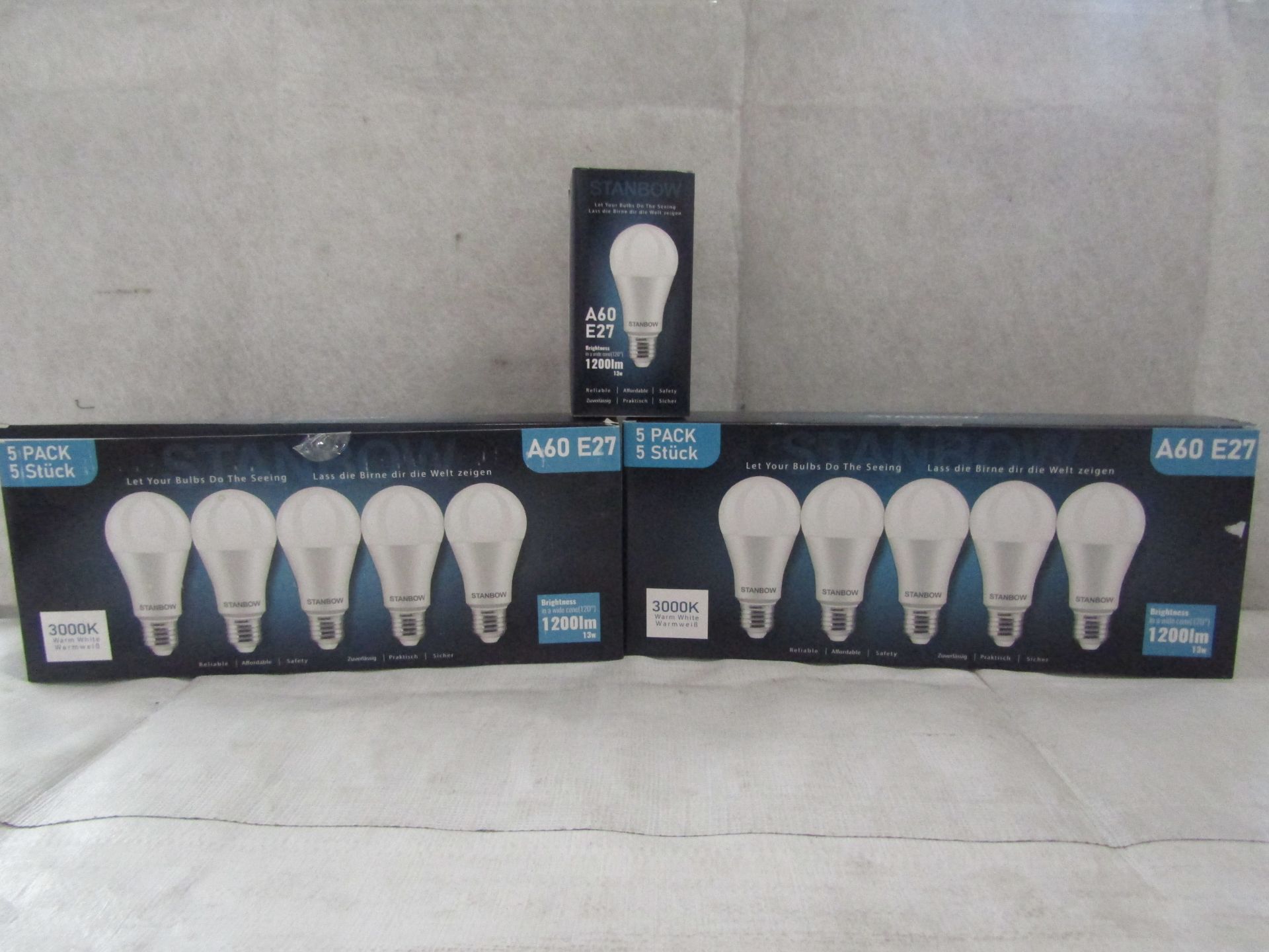 2X STANBOW - A60 E27 1200 Lumen LED Light Bulbs - Pack of 5 - New & Boxed.