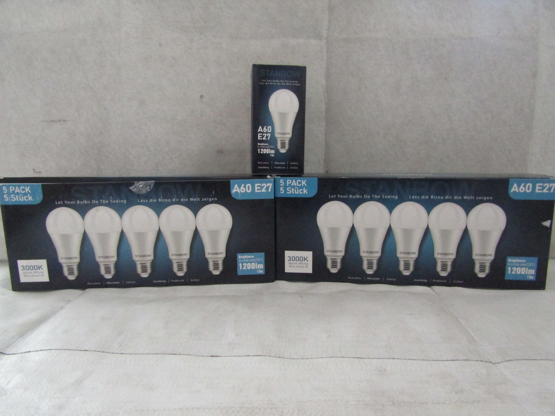 2X STANBOW - A60 E27 1200 Lumen LED Light Bulbs - Pack of 5 - New & Boxed.