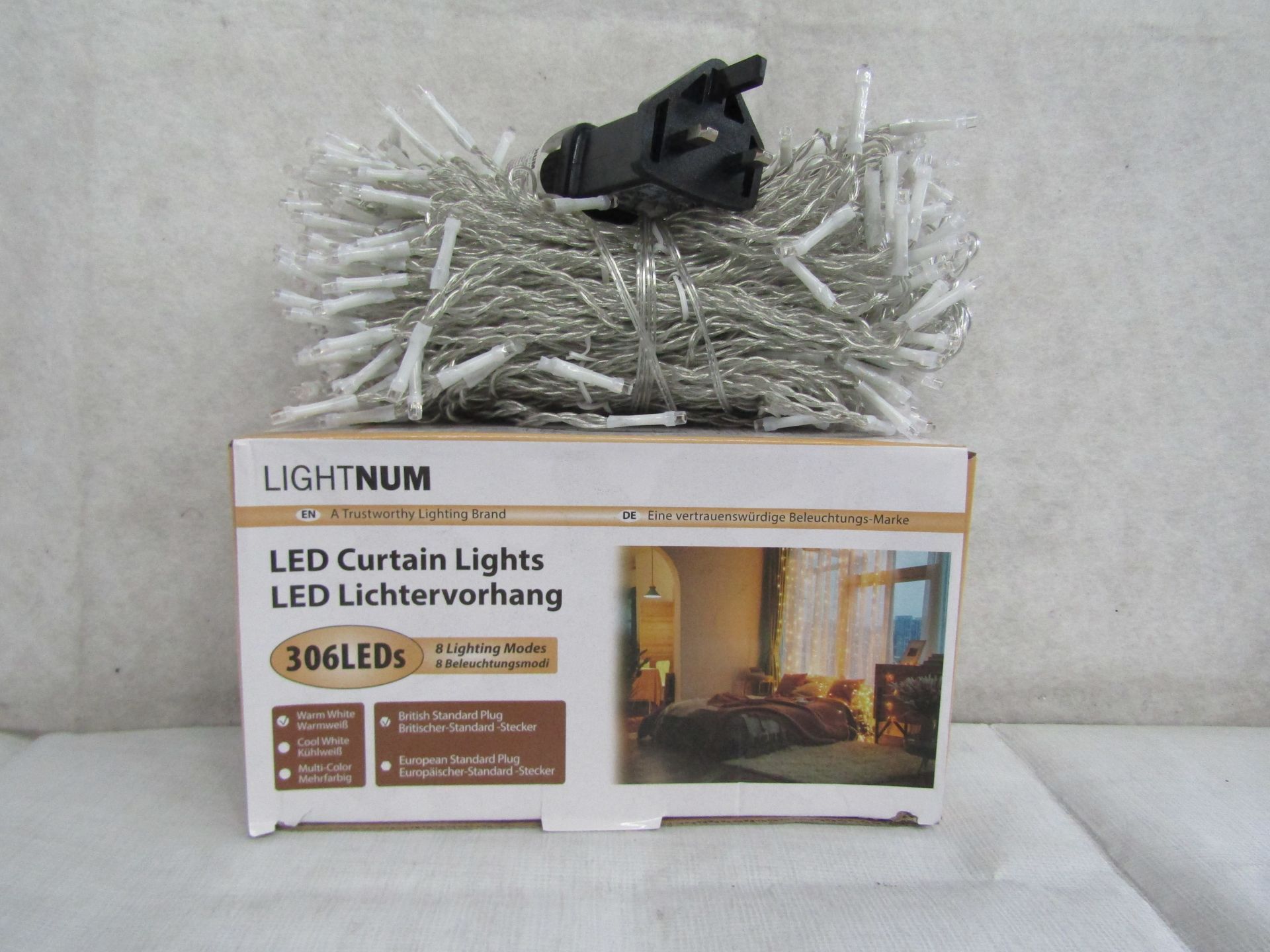 10X LIGHTNUM - 306 LED Curtain Lights / Warm White / 8 Lighting Modes / 3M x 3M - Boxed.