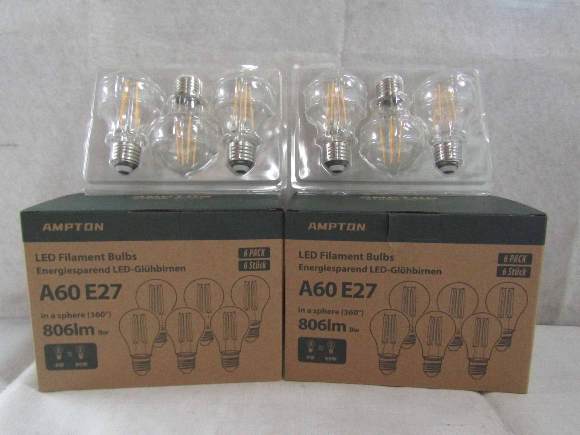 10X AMPTON - A60 E27 806 Lumen LED Filament Light Bulbs - Pack of 6 - New & Boxed.