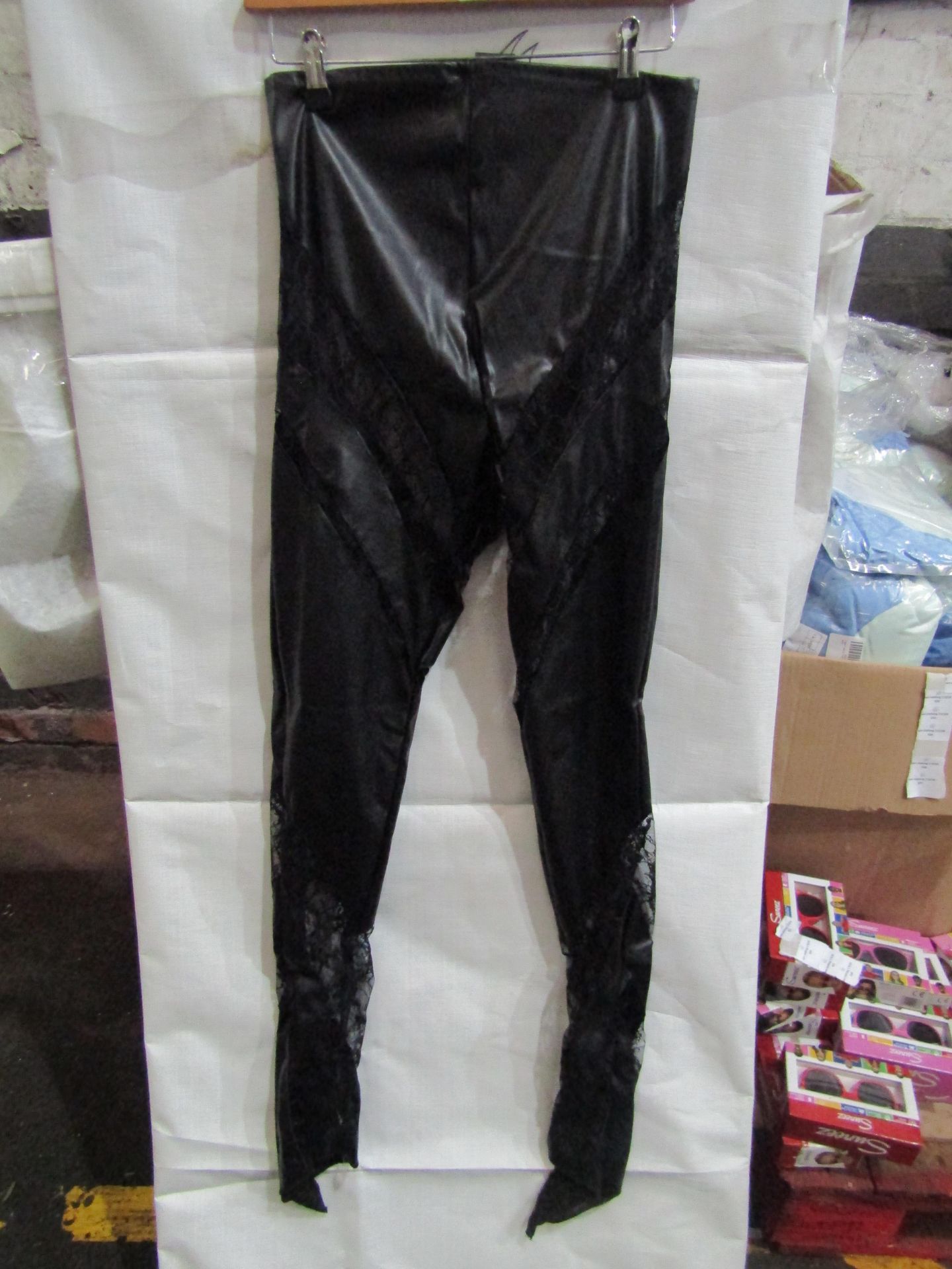 5x Pretty Little Thing Shape Black Faux Leather Lace Insert Leggings, Size 12, New & Packaged.