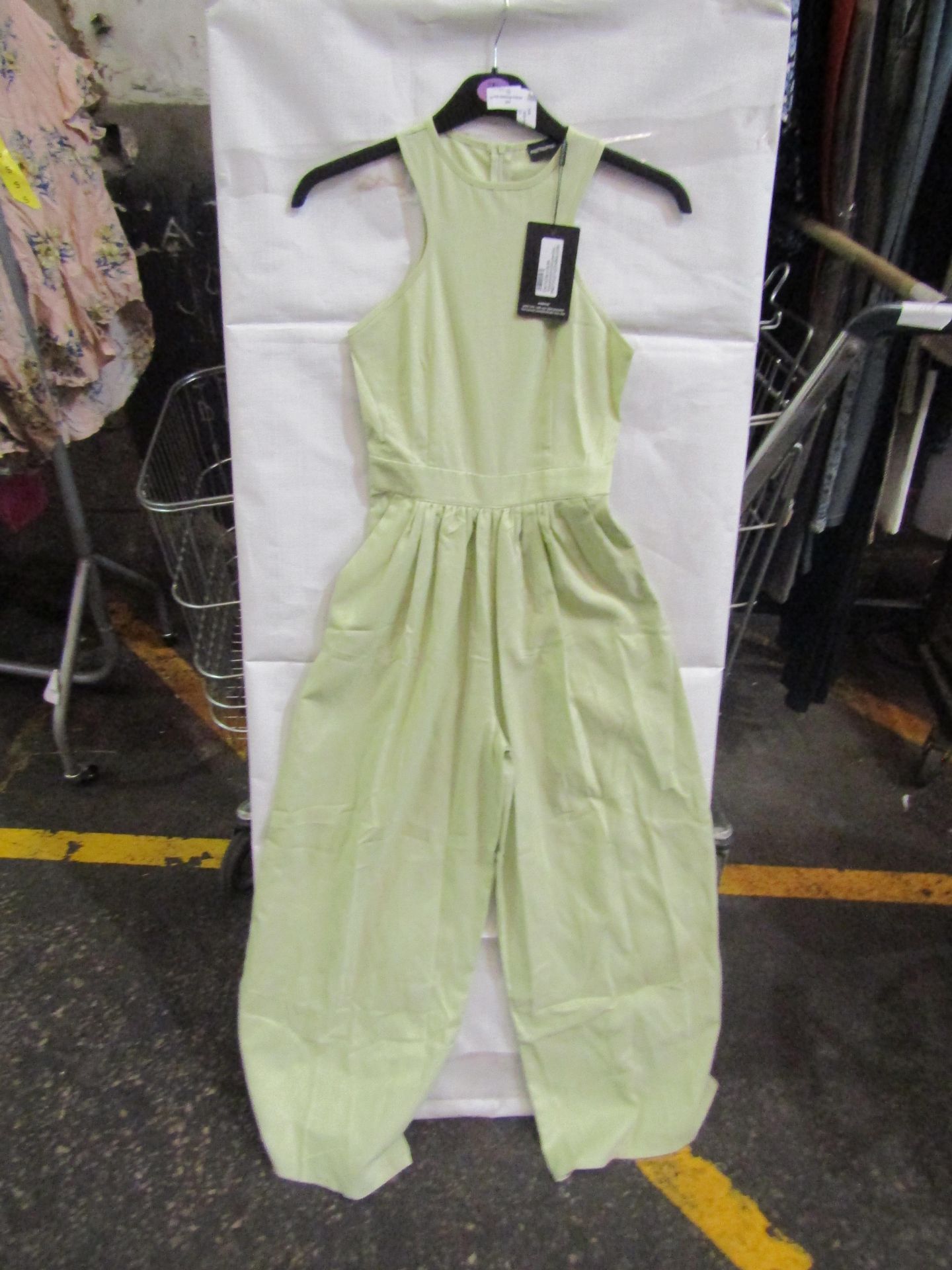 4x Pretty Little Thing Petite Sage Green Racer Neck Linen Look Wide Leg Jumpsuit- Size 6, New &