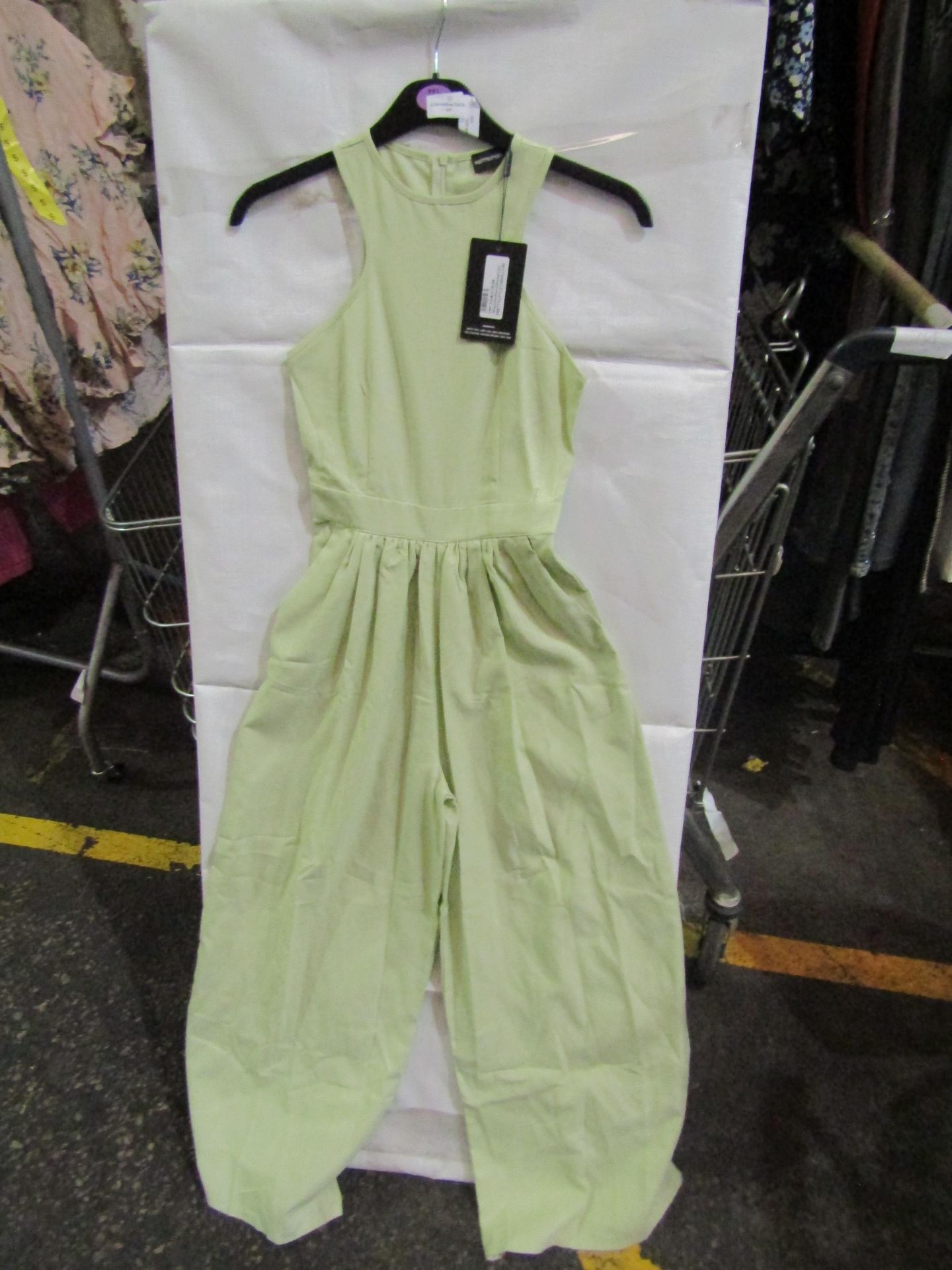 4x Pretty Little Thing Petite Sage Green Racer Neck Linen Look Wide Leg Jumpsuit- Size 4, New &