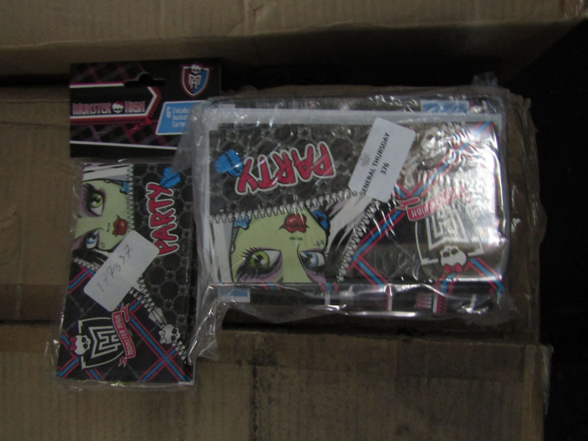 Box of 240x packs of Monster High party invitations, all unused