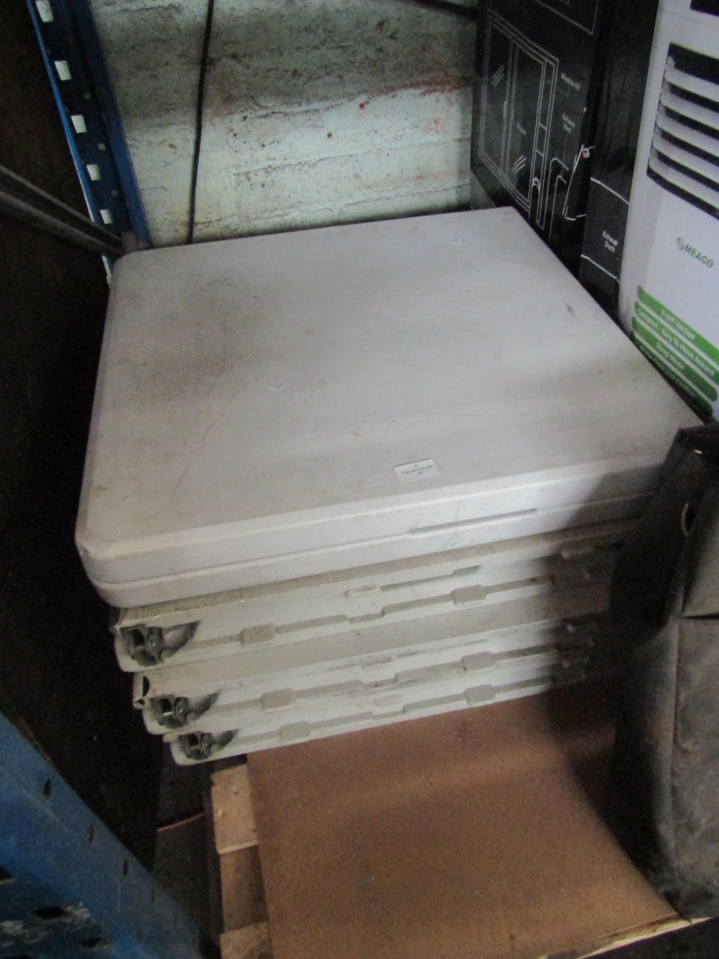 4x Folding Heavy Duty Plastic Tables, All Look To Have Bits Of Damage To The Plastic, Mainly On