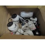 Box Containing Approx 6x Loose Swan CCTV Outdoor Cameras, Unchecked, Viewing Is Advised.