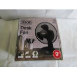 Asab 9" 2 Speed Control Desk Fan, Black - Unchecked & Boxed.