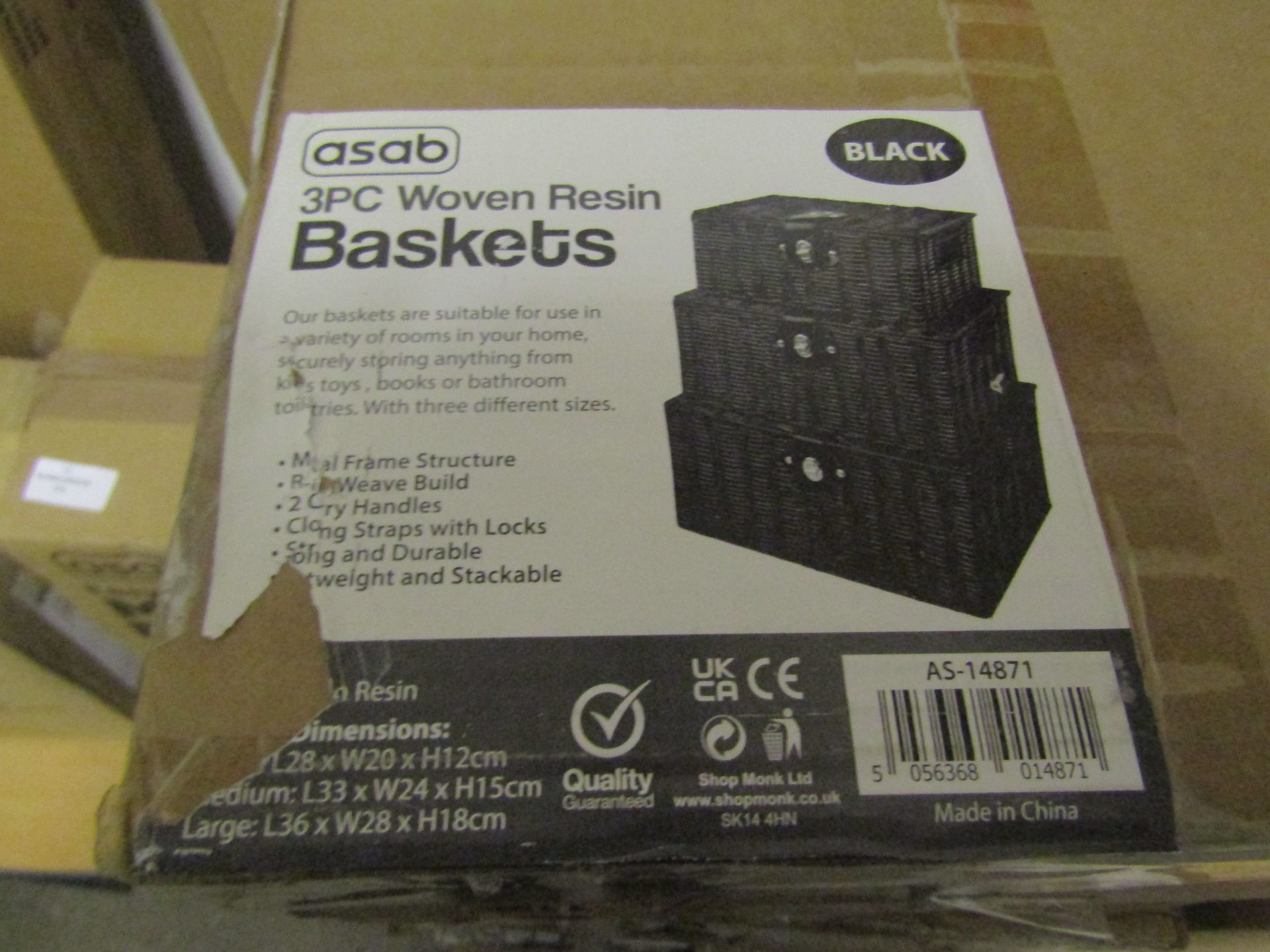 Asab 3pc Woven Resin Wicker Baskets, Black - Unchecked & Boxed.