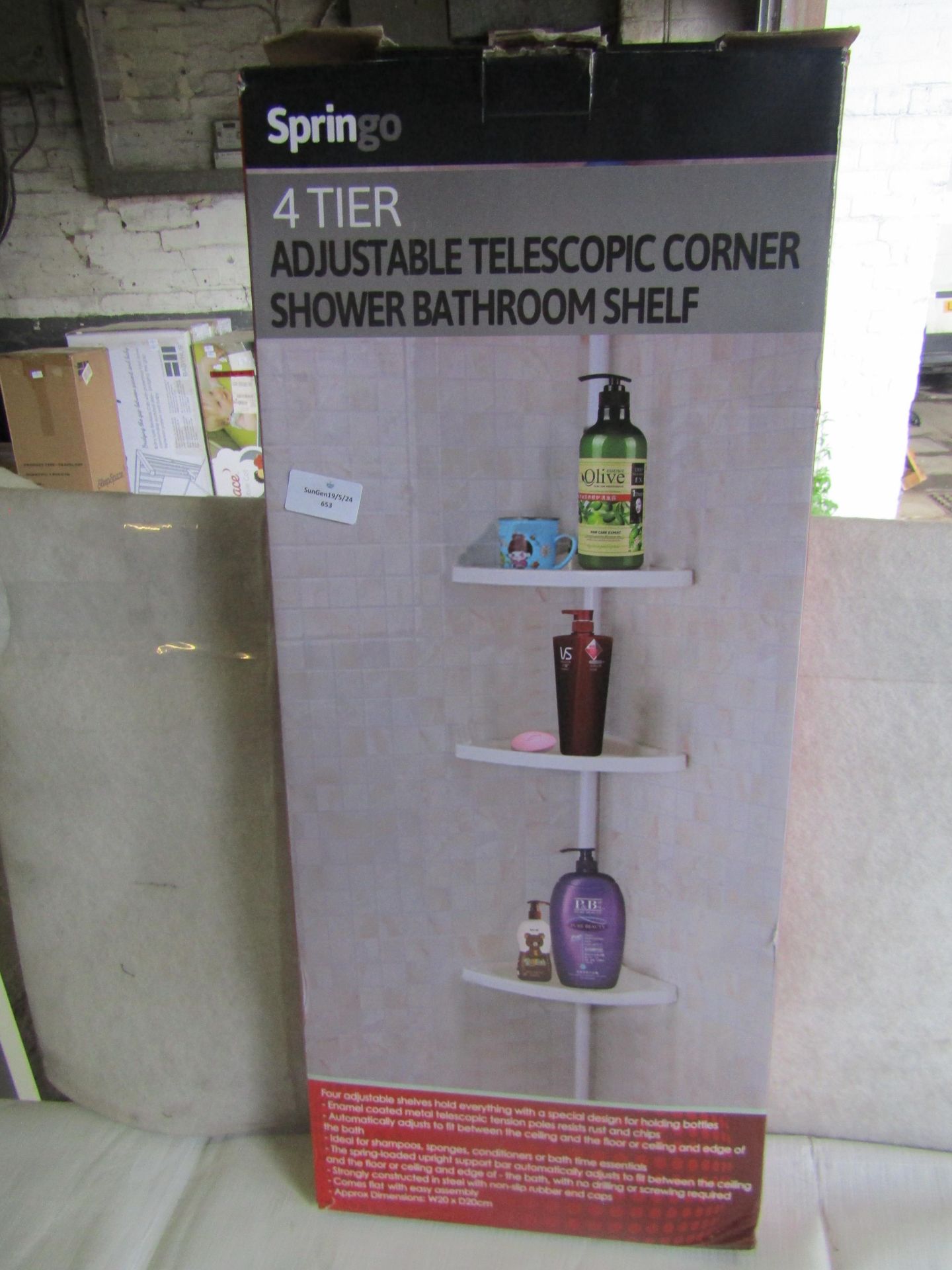 Springo 4-Tier Telescopic Corner Shower Bathroom Shelf, Size: W20xD20cm - Unchecked & Boxed.