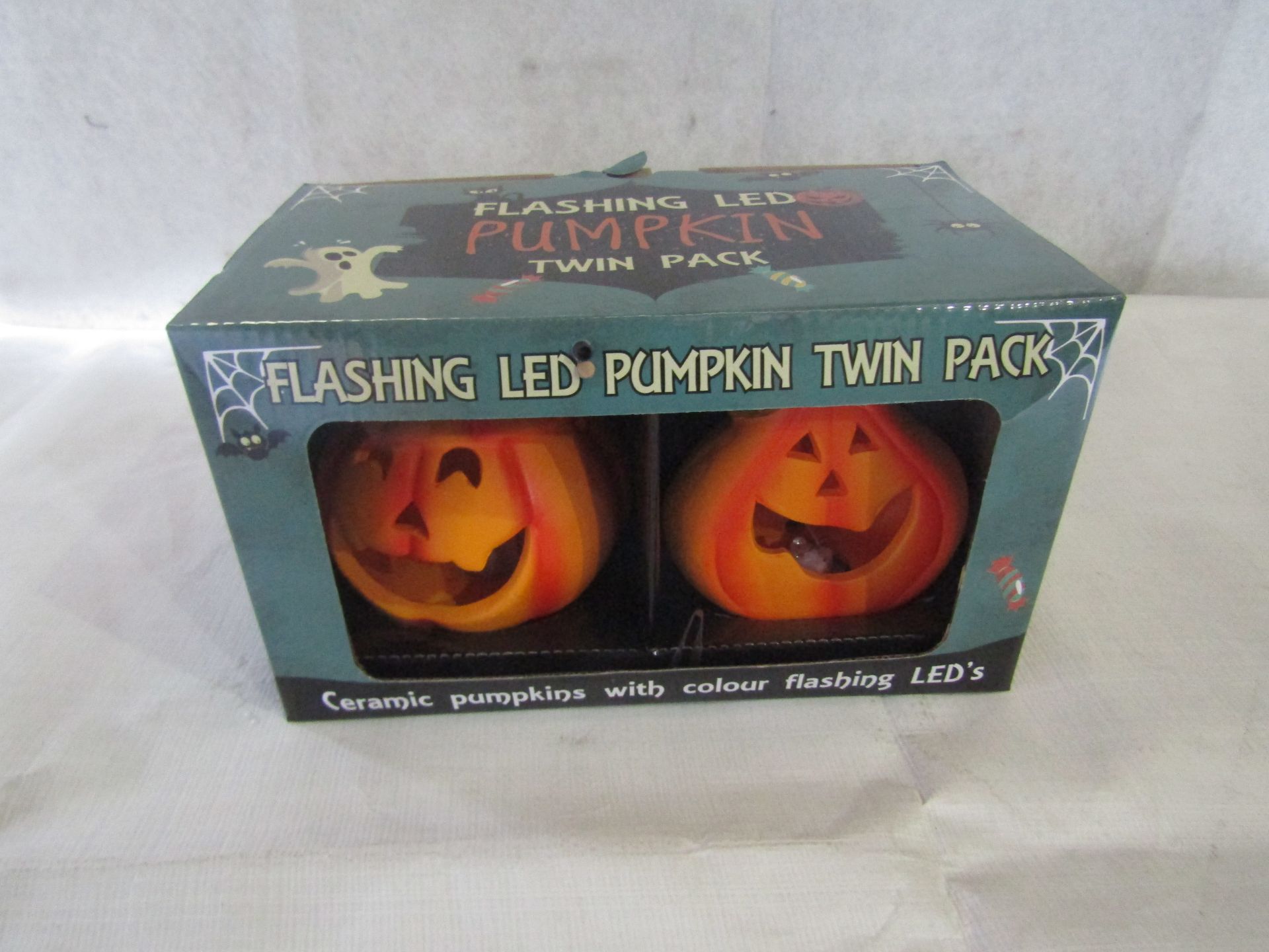 12x Double Led Pumpkin Set, Ceramic With Led Flashing Colours, Unchecked & Boxed.