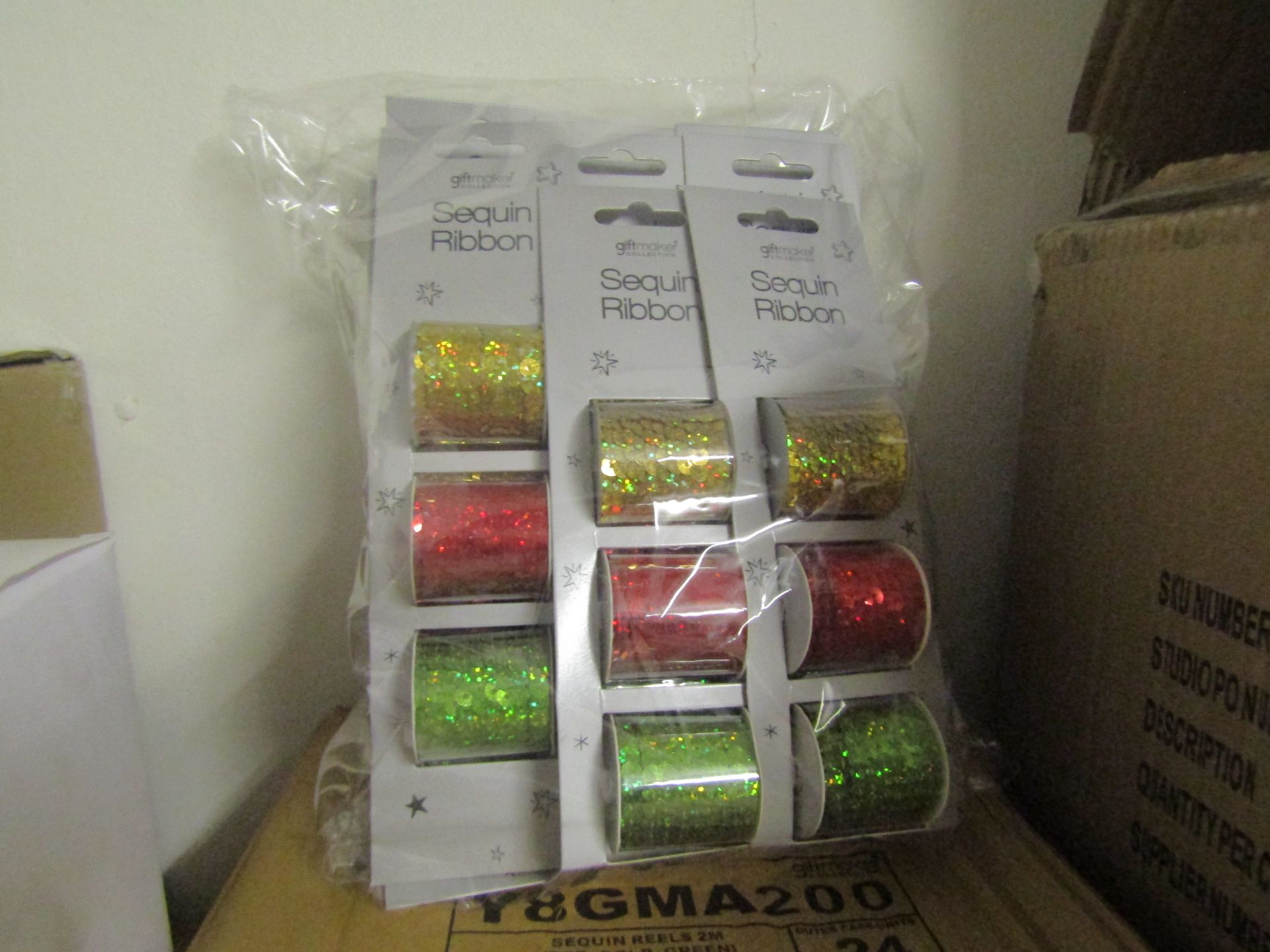 Box Of 24x Giftmaker Sequin Reels,2m, Red, Gold, Green, Unchecked & Packaged.