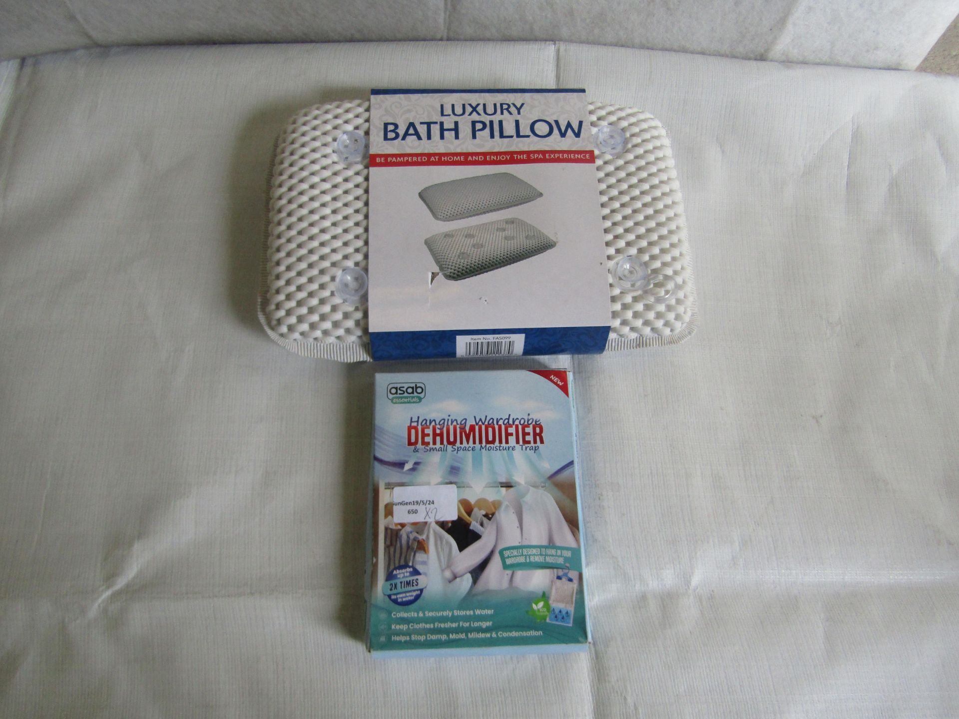 2x Items Being - 1x Luxury Bath Pillow - 1x Asab Hanging Wardrobe Dehumidifier - Both Unchecked &