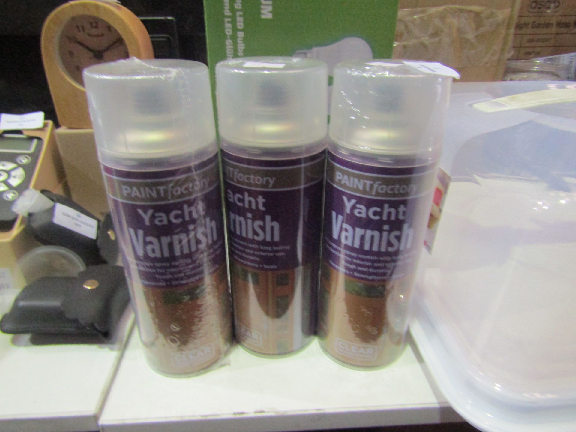 3x 400ml Paint Factory Yacht Varnish, Clear Gloss Finish - All Unused & Packaged.