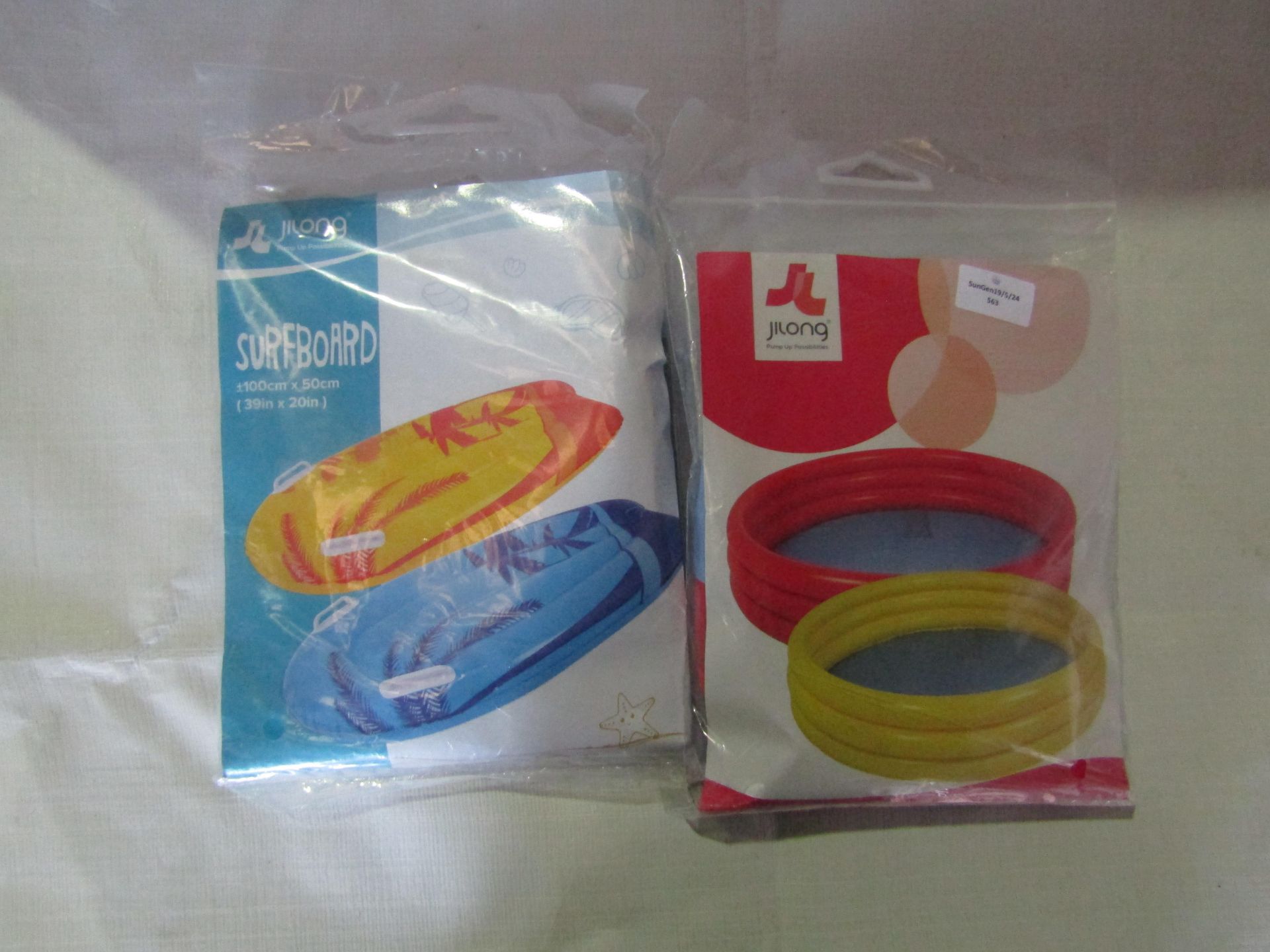 2x Items Being - 1x Jilong Blow Up Inflatable Surfboard, Size: 100x50cm - 1x 3 Ring Inflatable Pool,