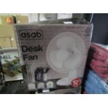 Asab 12" 3 Speed Control Desk Fan, White - Unchecked & Boxed.