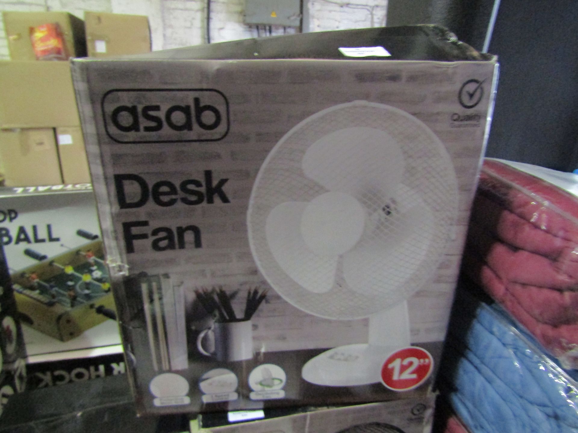 Asab 12" 3 Speed Control Desk Fan, White - Unchecked & Boxed.