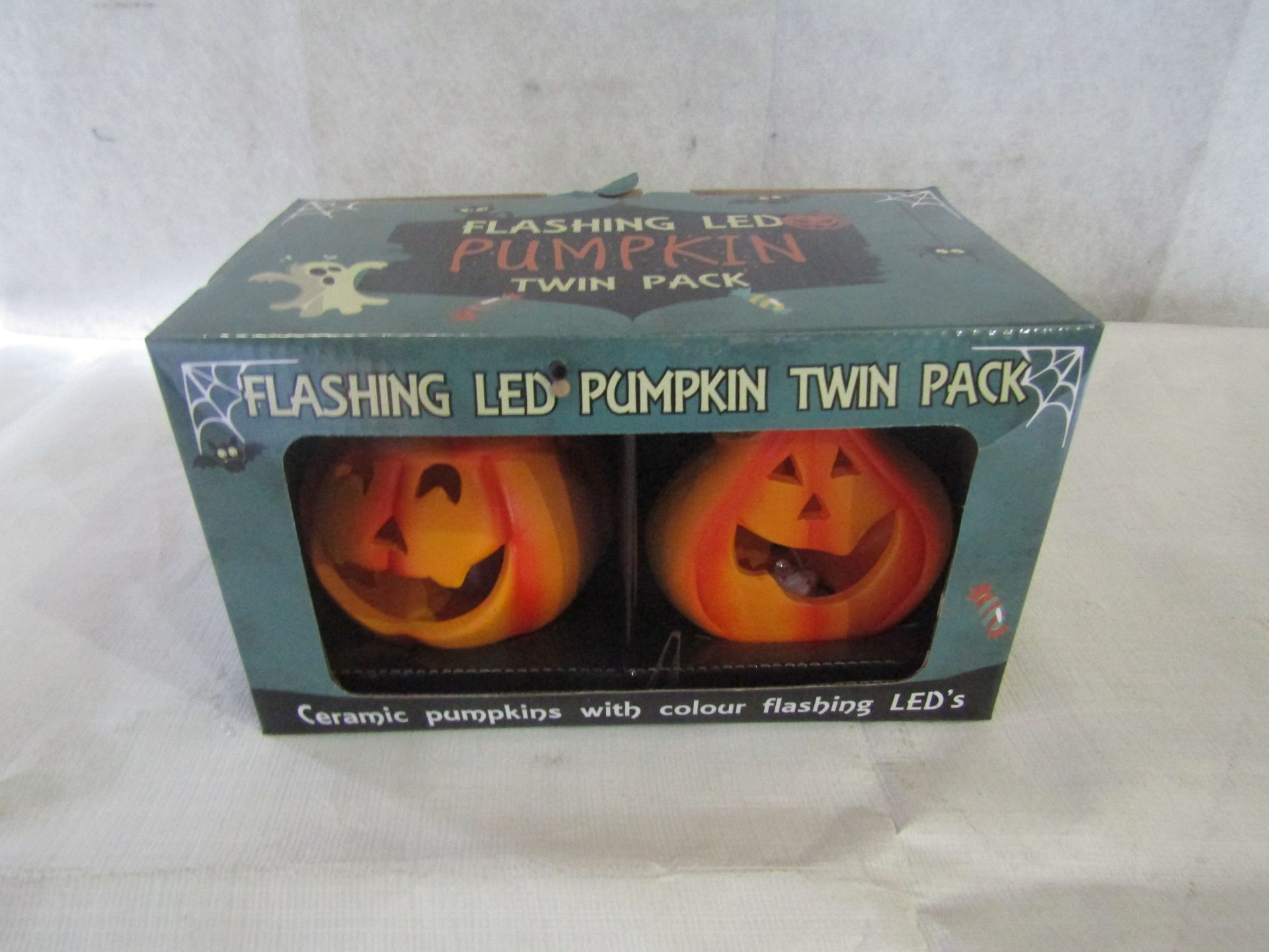 12x Double Led Pumpkin Set, Ceramic With Led Flashing Colours, Unchecked & Boxed.