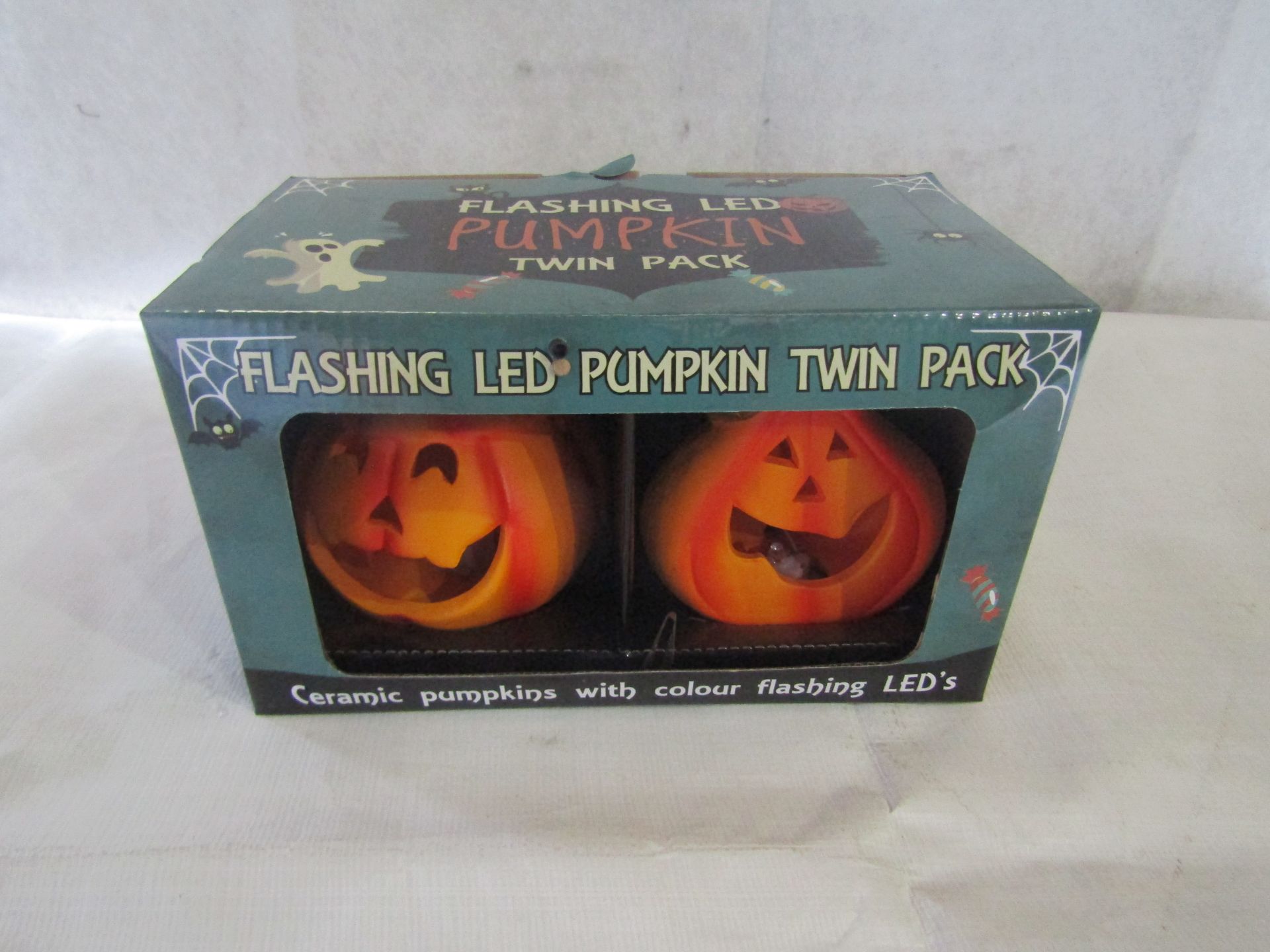 12x Double Led Pumpkin Set, Ceramic With Led Flashing Colours, Unchecked & Boxed.