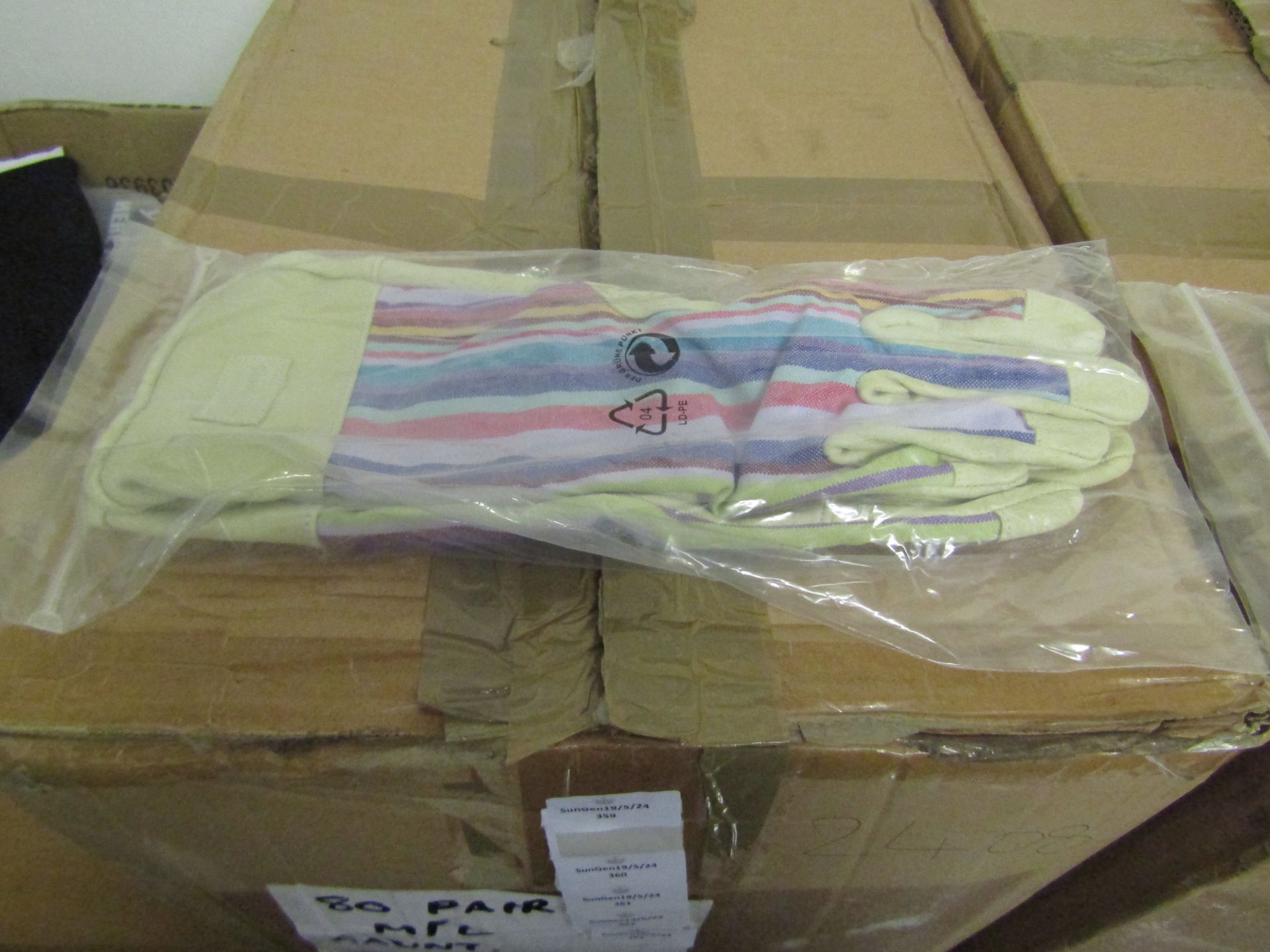 2x Deckchain Stripes-Rainbow Gaunt Gardening Gloves, Size M/L, New & Packaged.