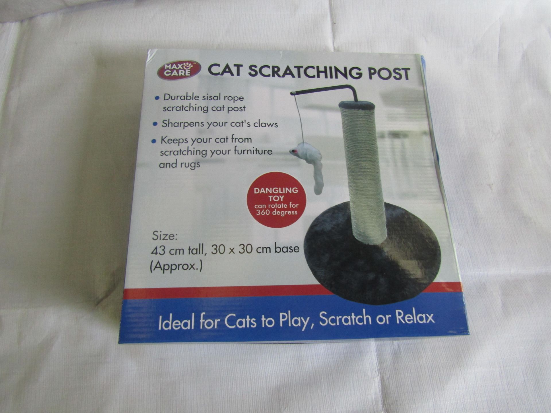 Max Care Cat Scratching Post With Dangling 360* Toy, Size: 43cm Tall, 30x30cm Base - Unchecked &