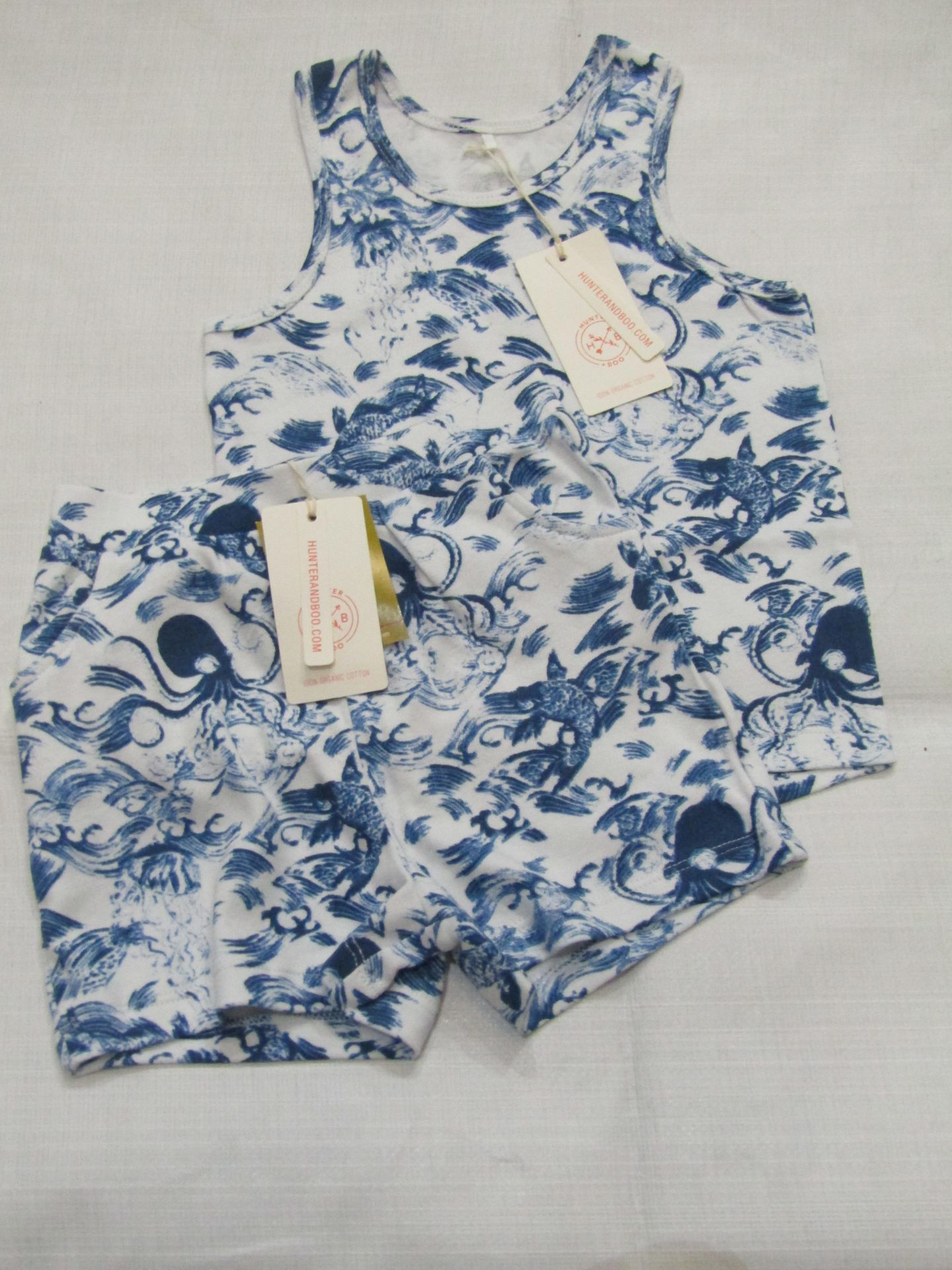 Hunter & Boo Kayio Print Vest & Shorts Blue/White Aged 3-4 yrs New & Packaged RRP £13 Each