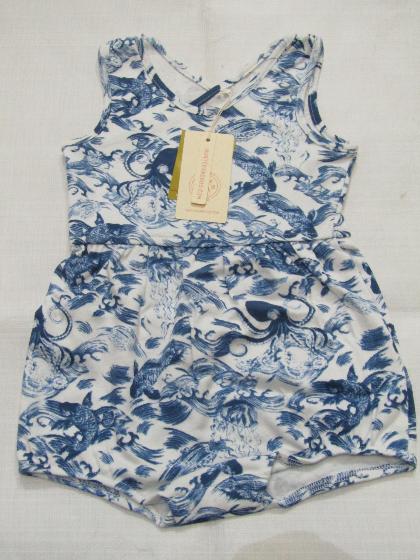 Hunter & Boo Kayio Print Romper Suit Blue/White Aged 12-24 Months New & Packaged RRP £22