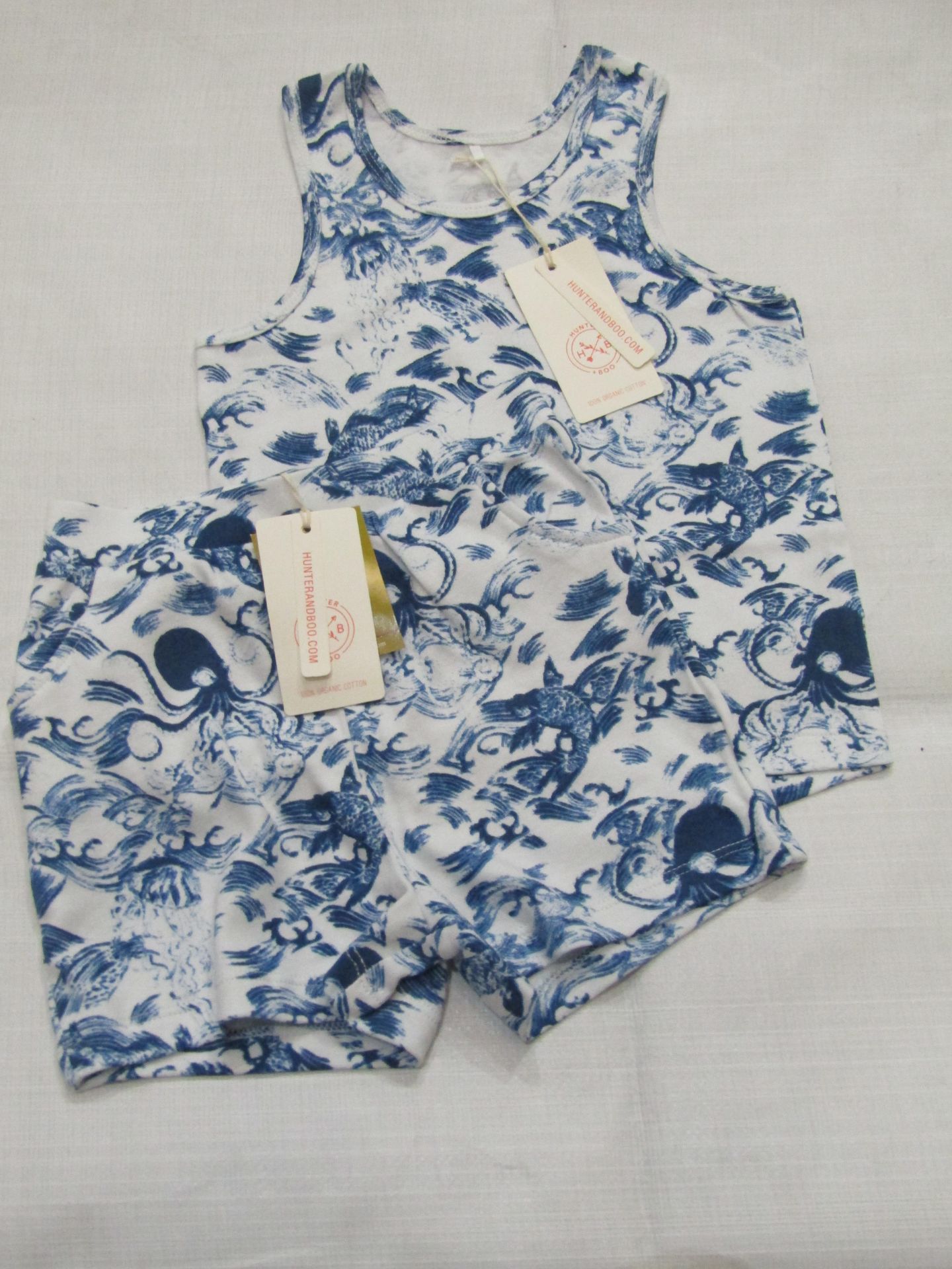 Hunter & Boo Kayio Print Vest & Shorts Blue/White Aged 3-4 yrs New & Packaged RRP £13 Each