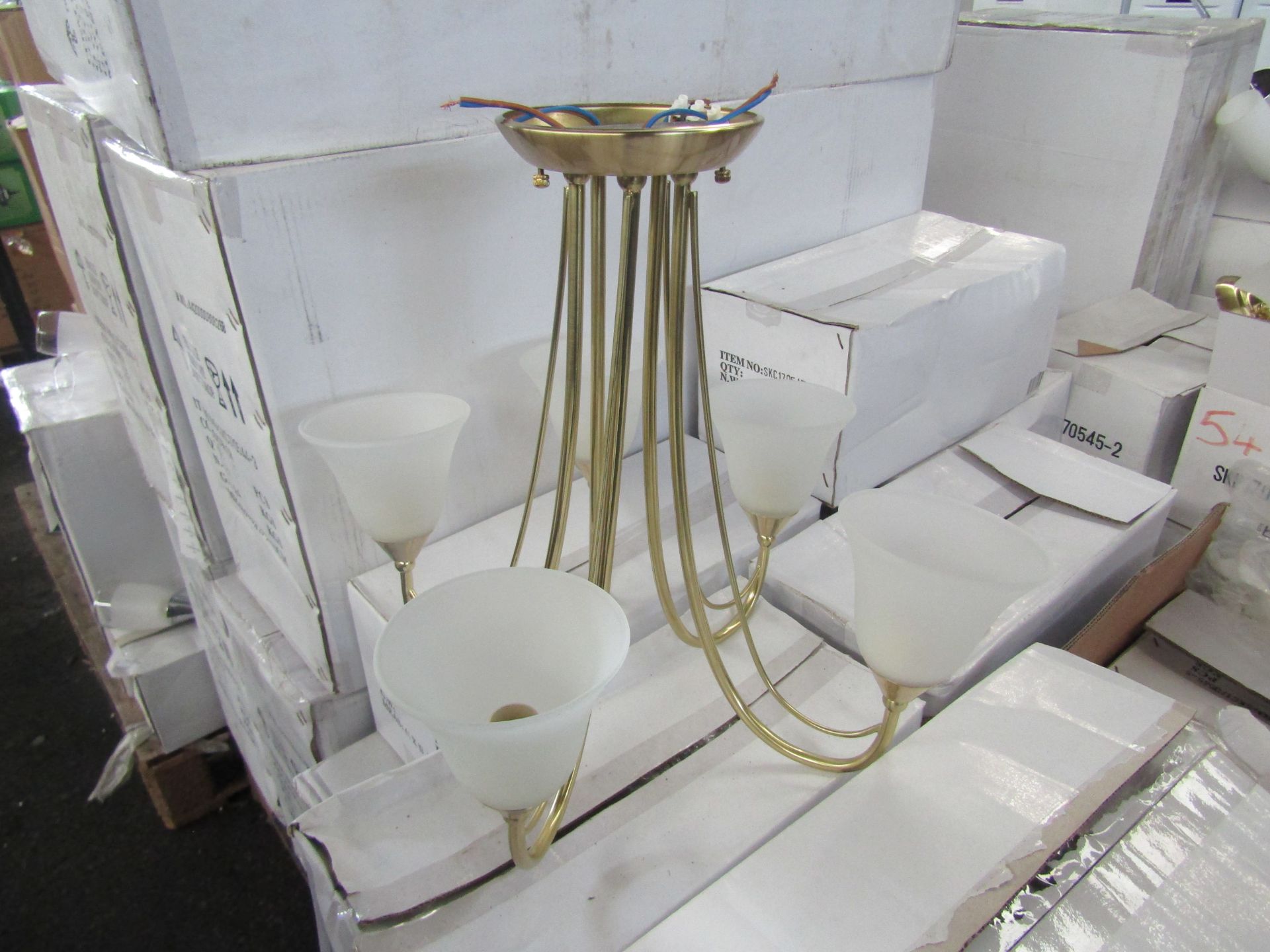 Brass 3 Arm Pendant Light fitting with frosted glass shades. H40cm x W45cm. New & Boxed (box maybe