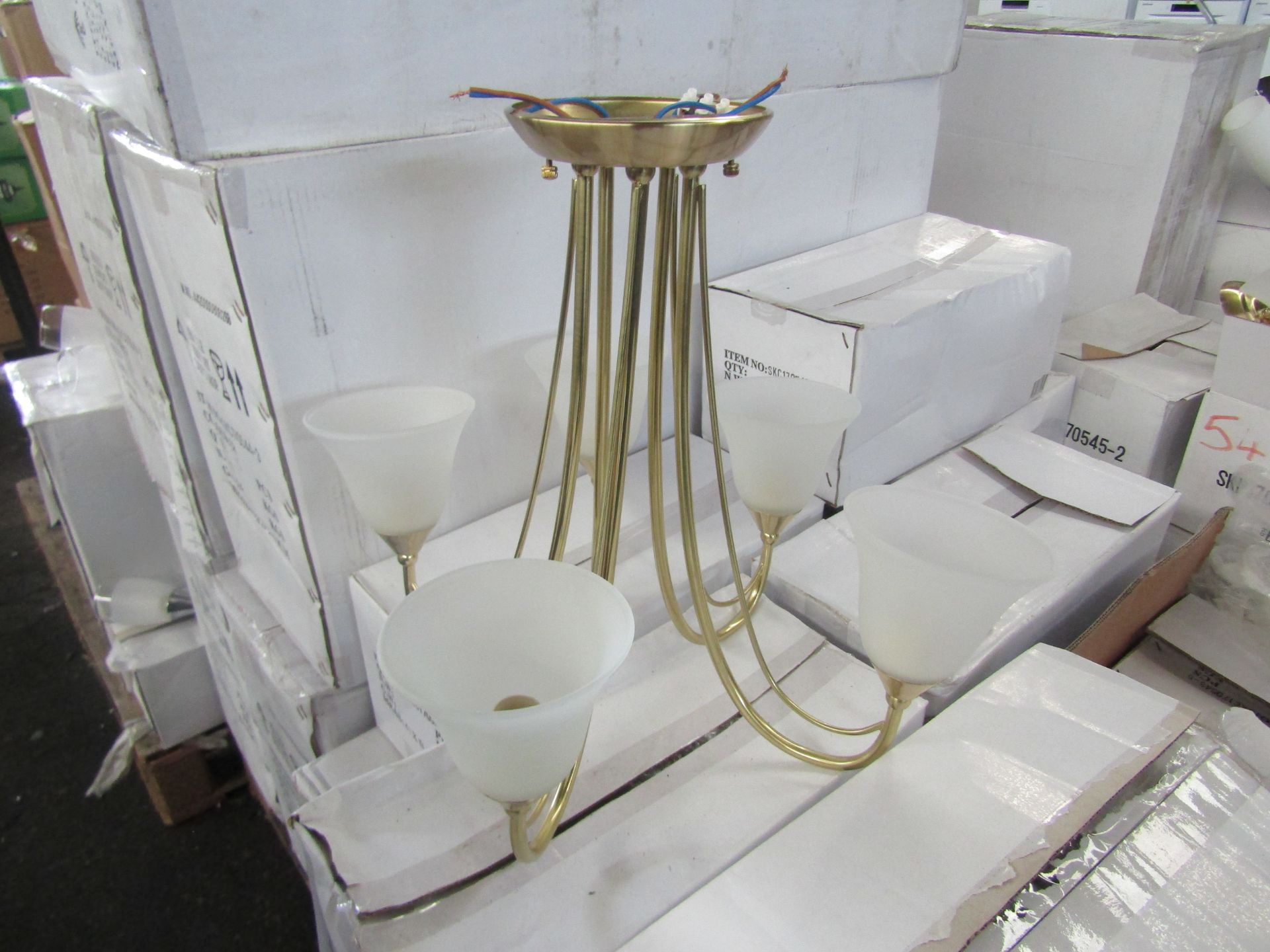 Brass 5 Arm Pendant Light fitting with frosted glass shades. H40cm x W45cm. New & Boxed (box maybe